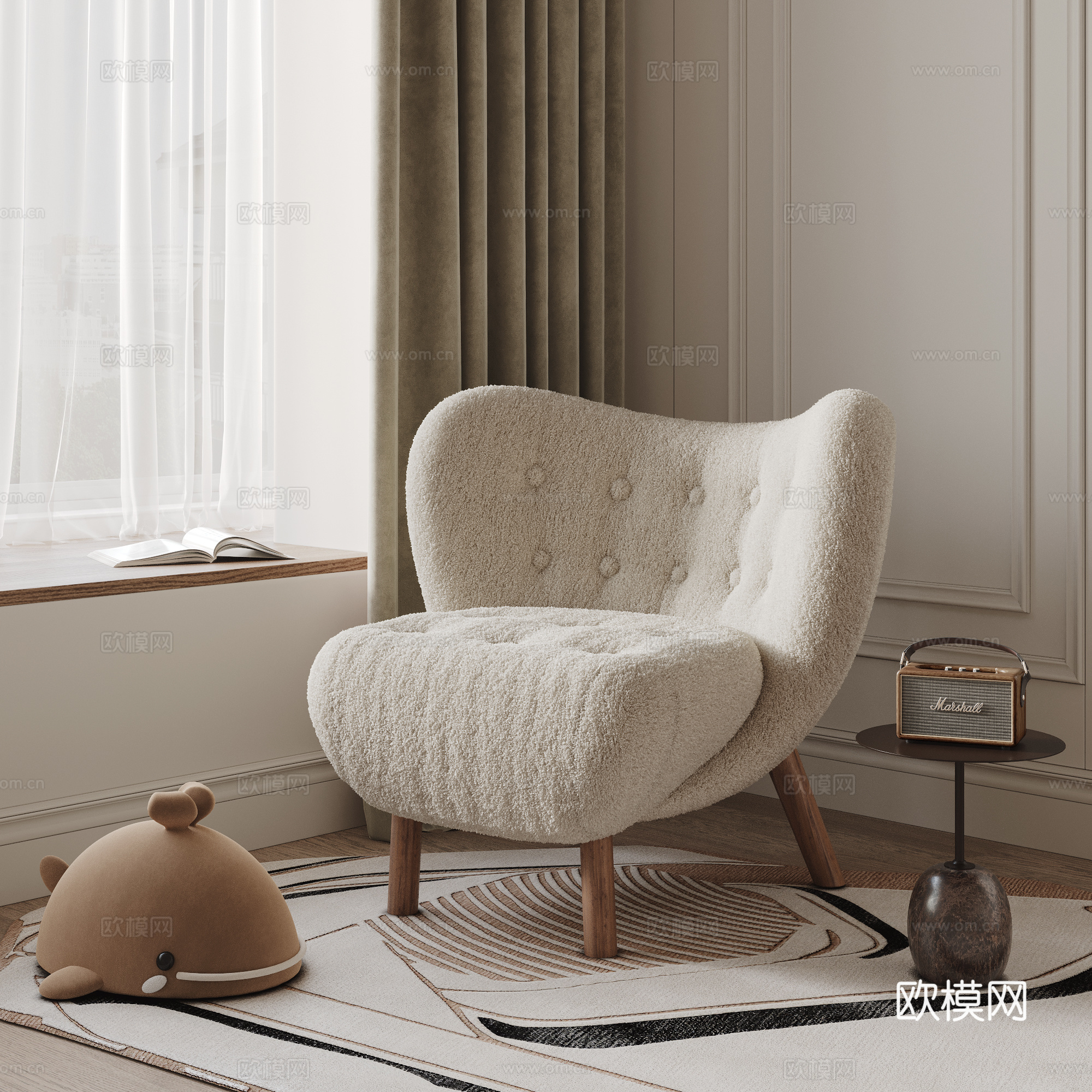 中古风 复古 休闲椅 沙发椅 小佩休闲椅 单人沙发 毛绒休闲su模型