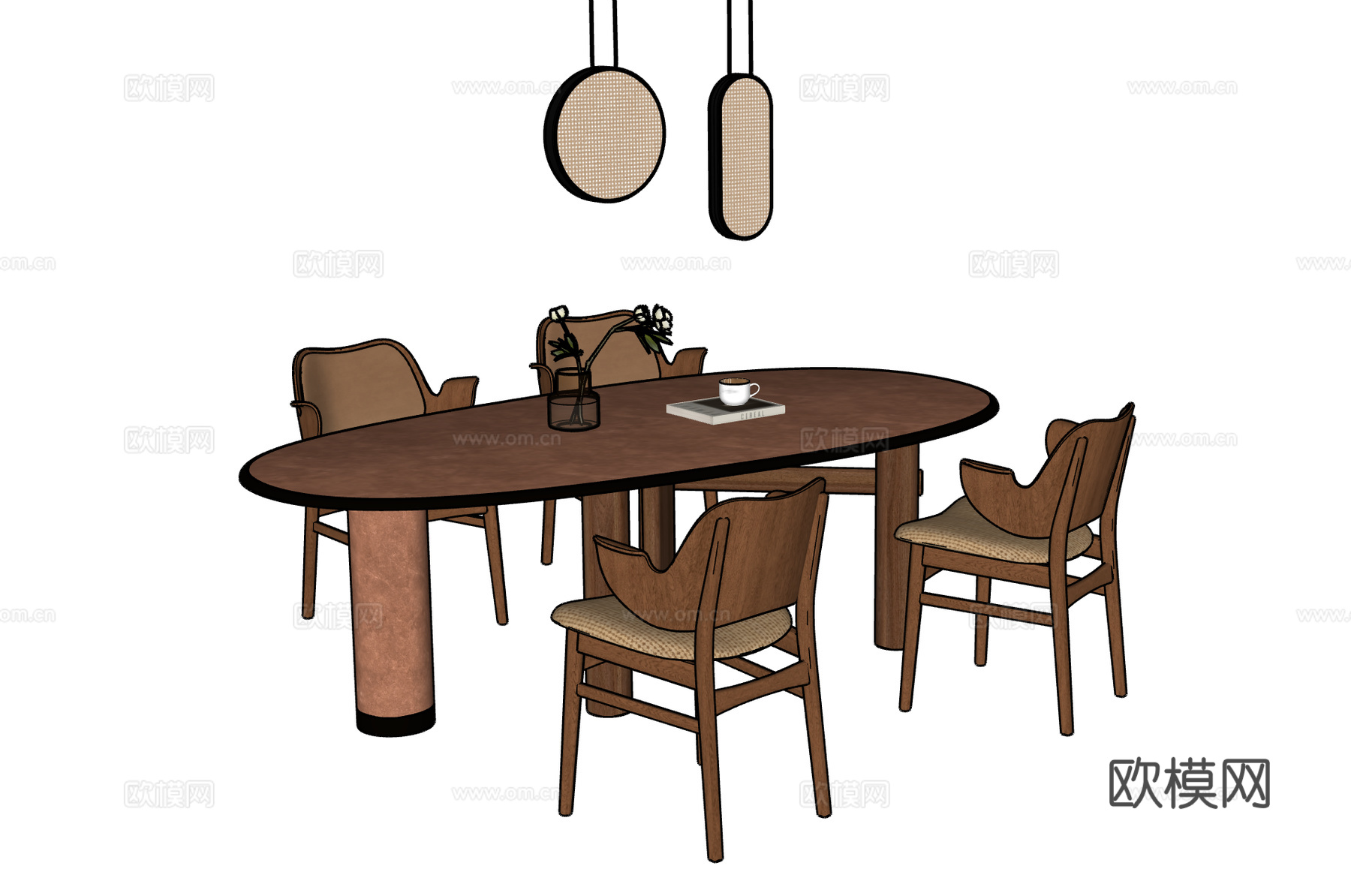 现代中古风餐桌椅组合 吊灯 餐桌 餐椅su模型