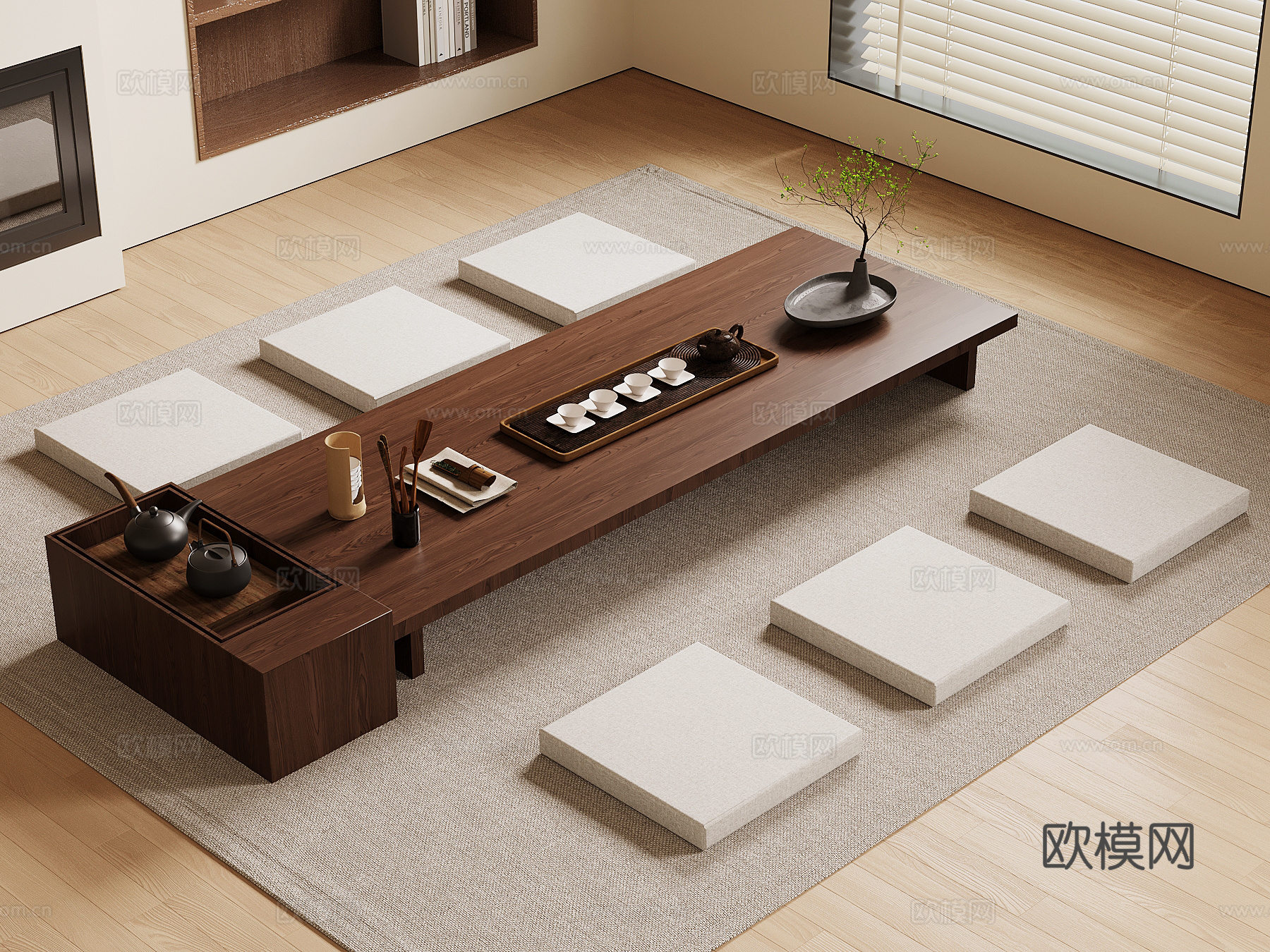 新中式茶桌 榻榻米茶桌su模型