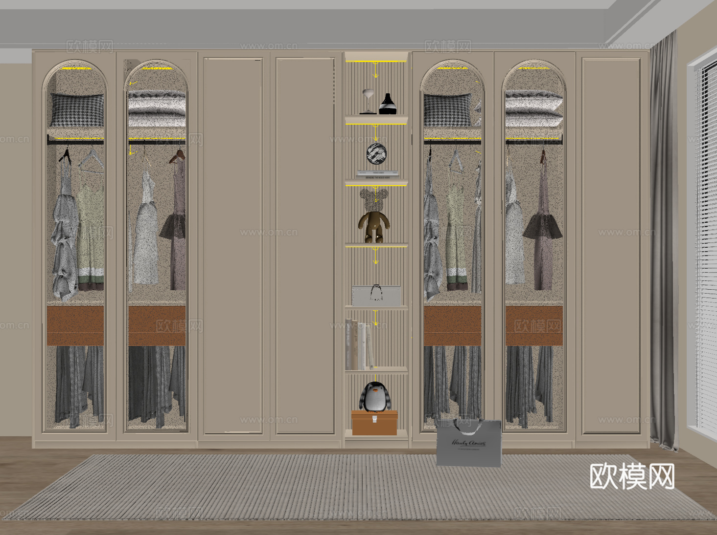 法式奶油风衣柜 定制通顶衣柜 玻璃门衣柜 开放格衣柜su模型