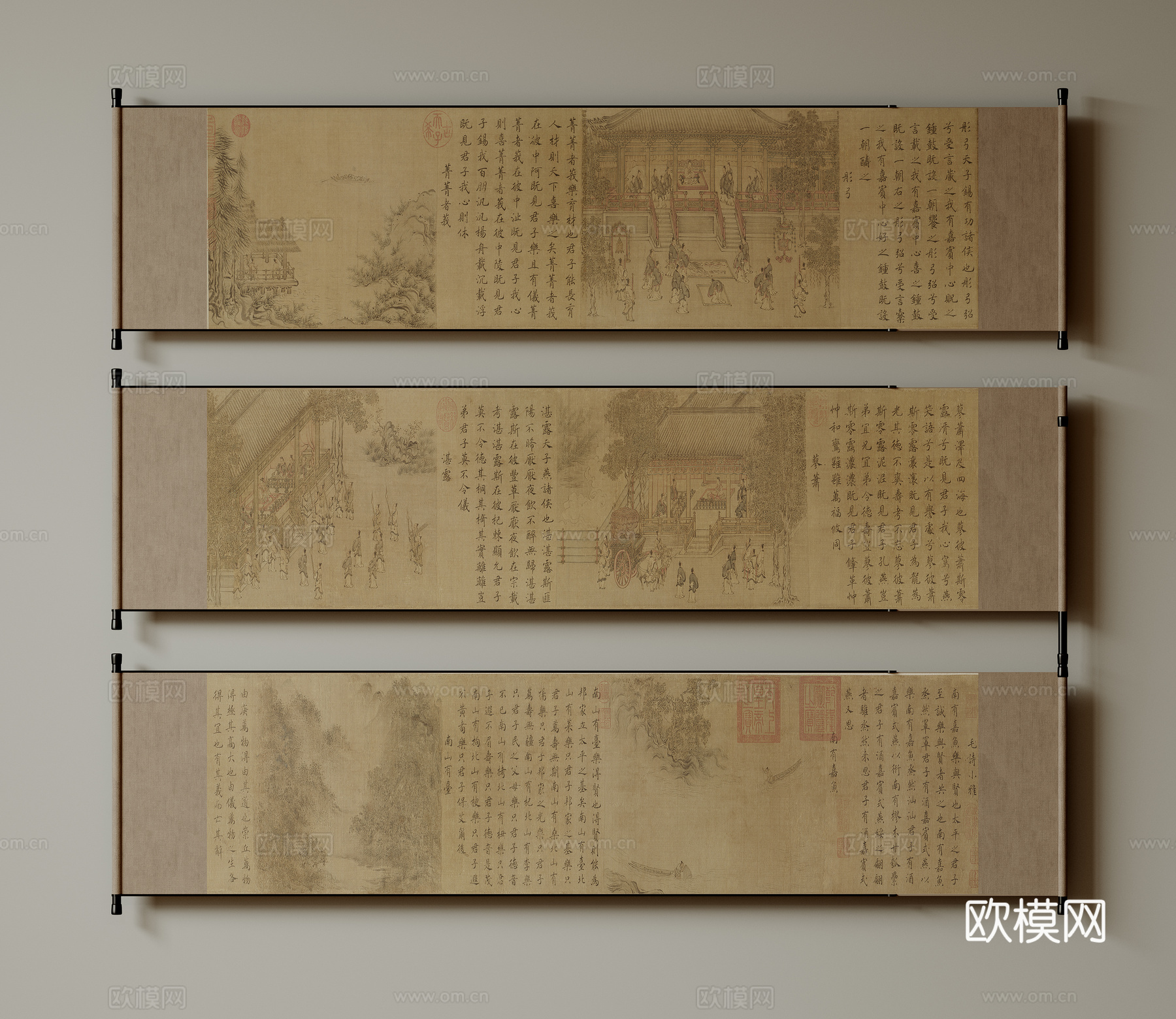 新中式禅意装饰画 宋式挂画 侘寂风挂画 中古风卷轴画 山水字su模型下载（渲染图1）