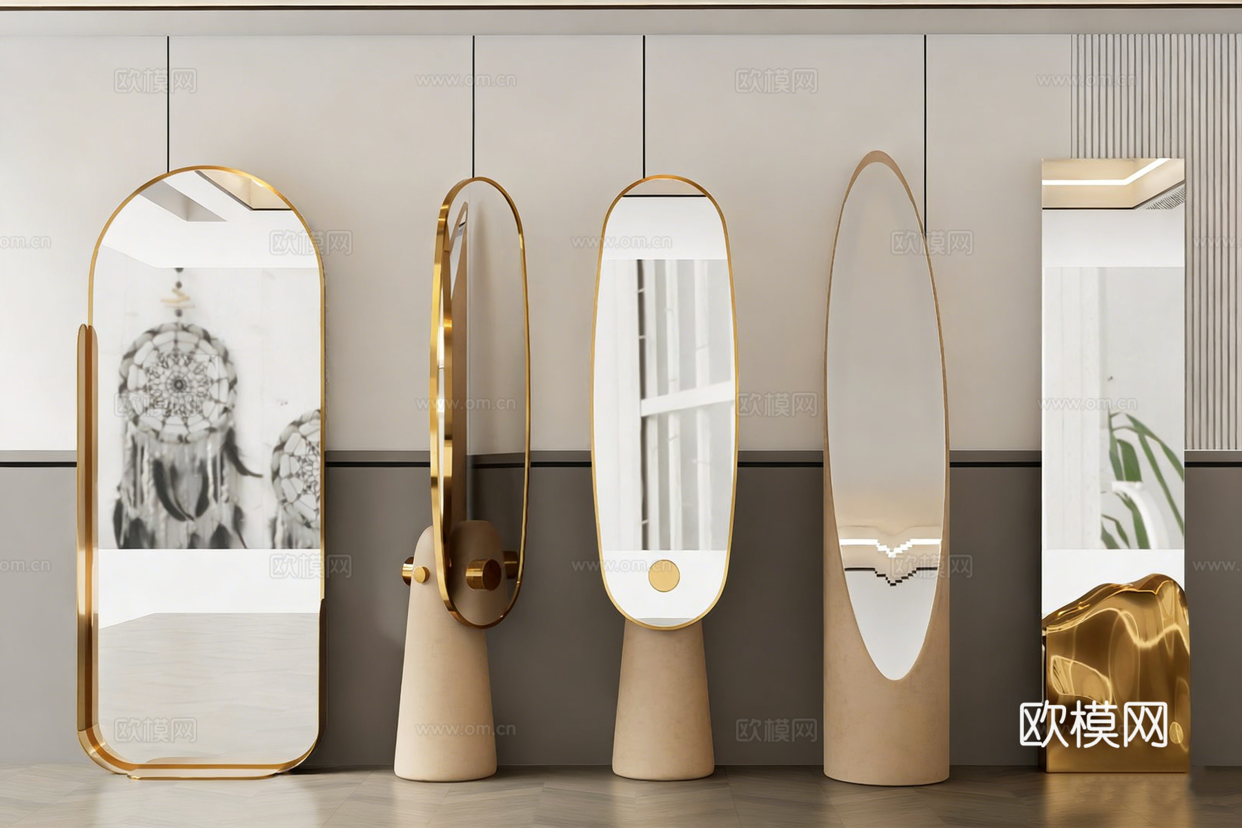 现代轻奢落地镜 金色边框 不规则艺术镜 装饰镜su模型