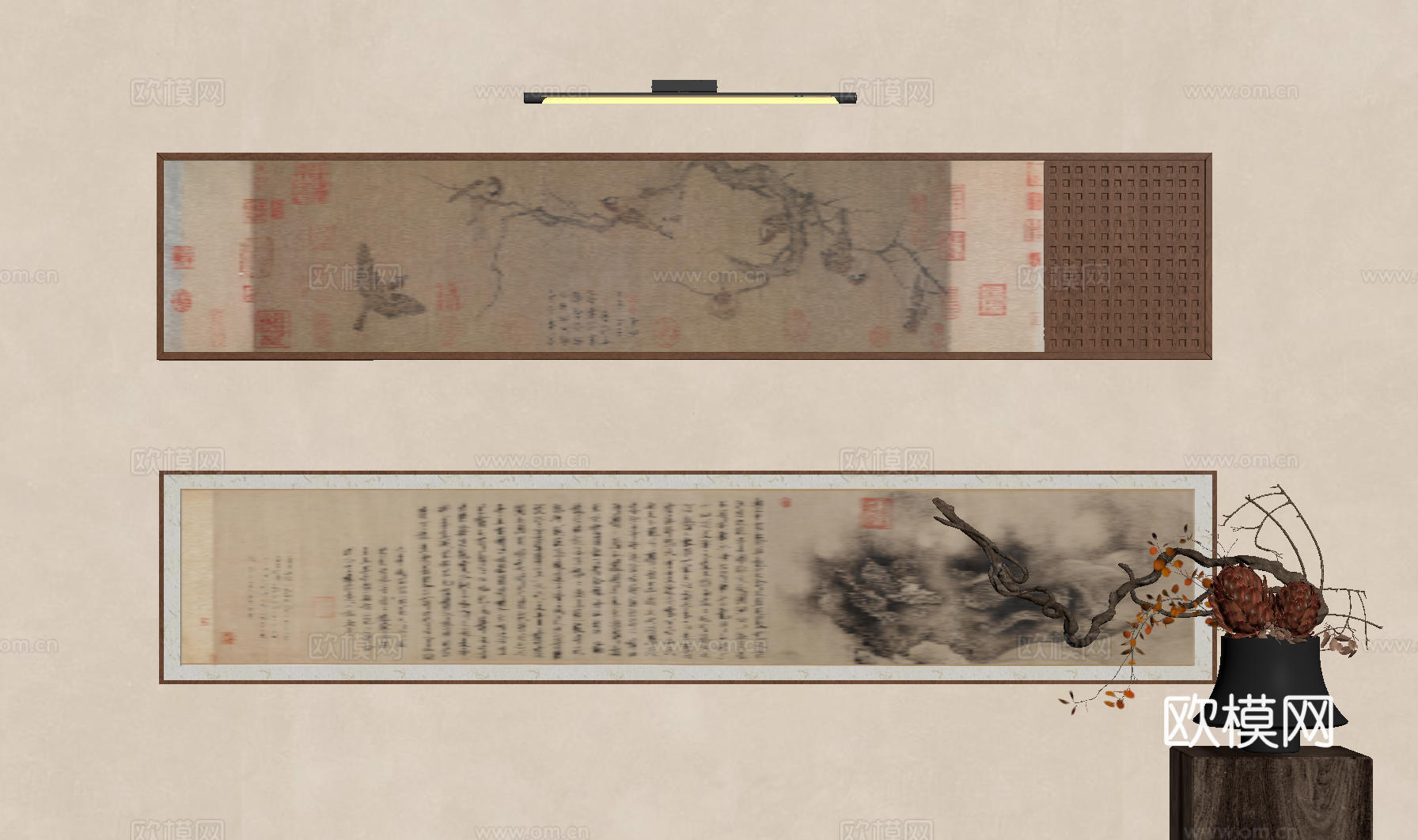 新中式禅意装饰画 宋式挂画 侘寂风挂画 中古风卷轴画 山水字su模型