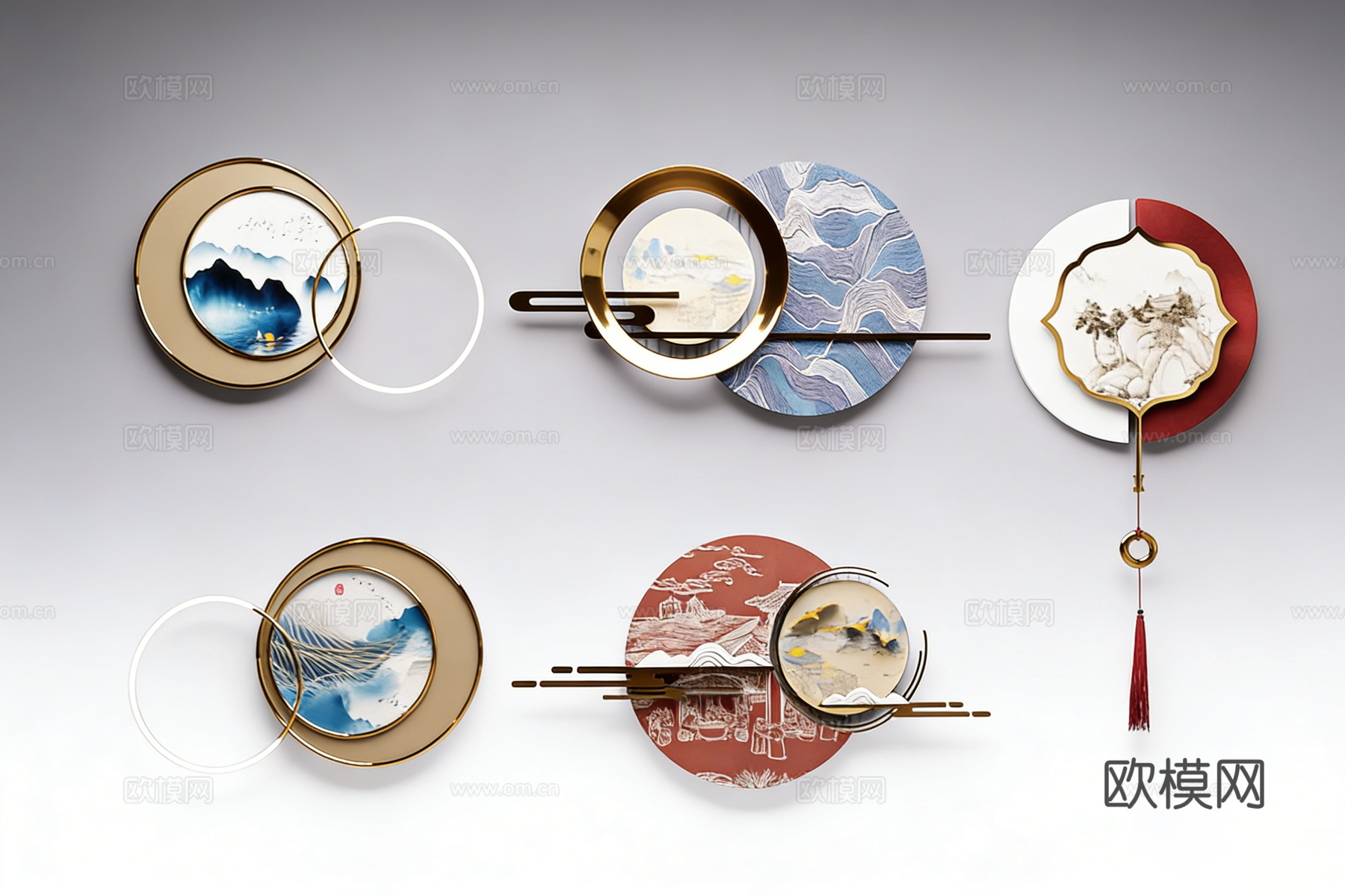 新中式圆形墙面装饰 金属线条亚克力山水画 茶室背景墙墙饰su模型