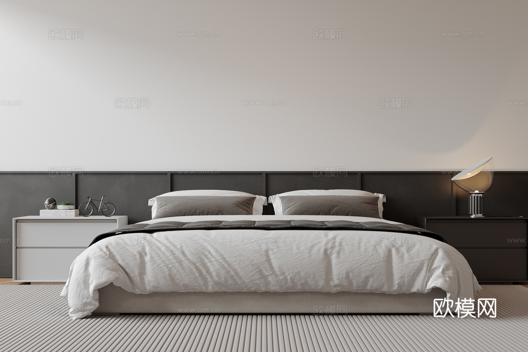 现代意式双人床 皮质床 布艺双人床 中古主卧床 地台床 极简su模型