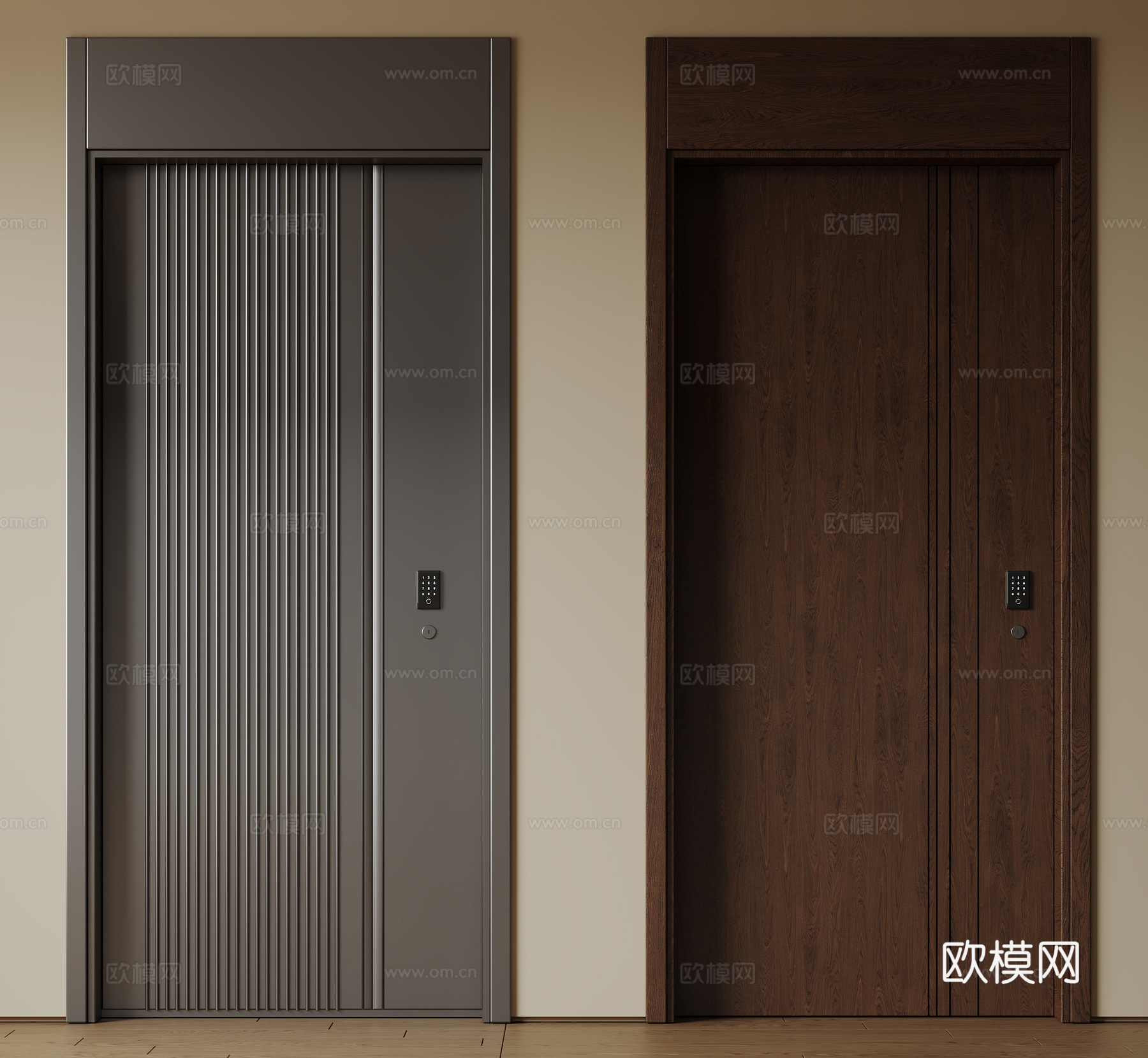 现代极简单开门 中古防盗门 通顶入户门 子母门 密码门 别墅su模型