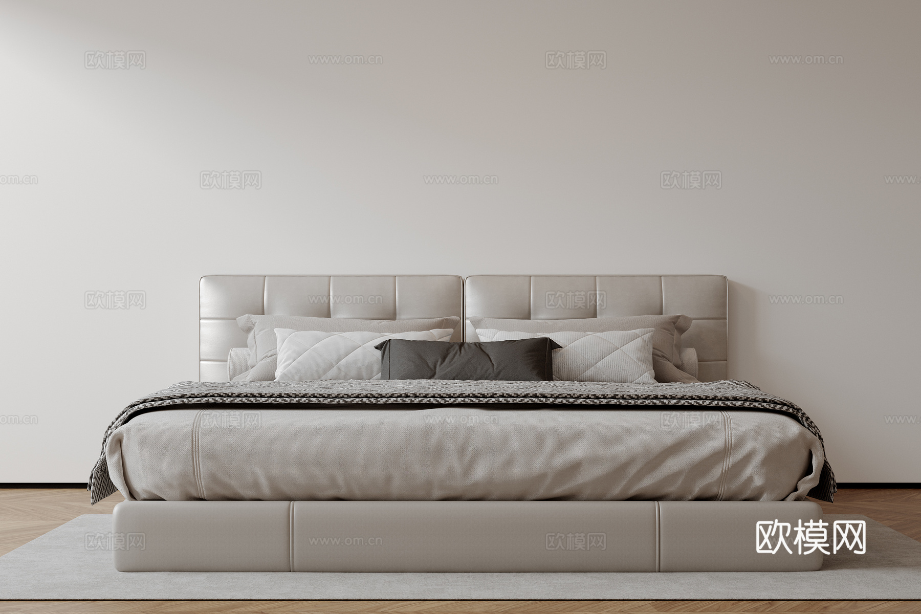 现代意式双人床 皮质床 布艺双人床 中古主卧床 地台床 极简su模型