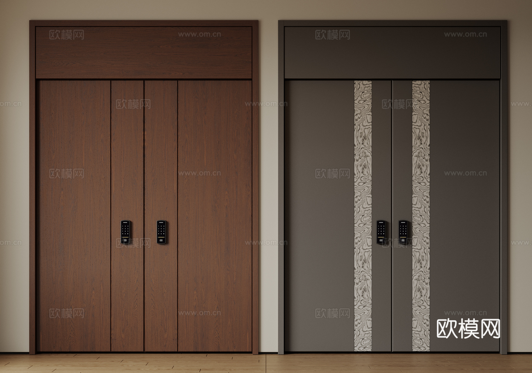 现代极简双开门 中古平开门 入户门 防盗门 通顶对开门 别墅su模型