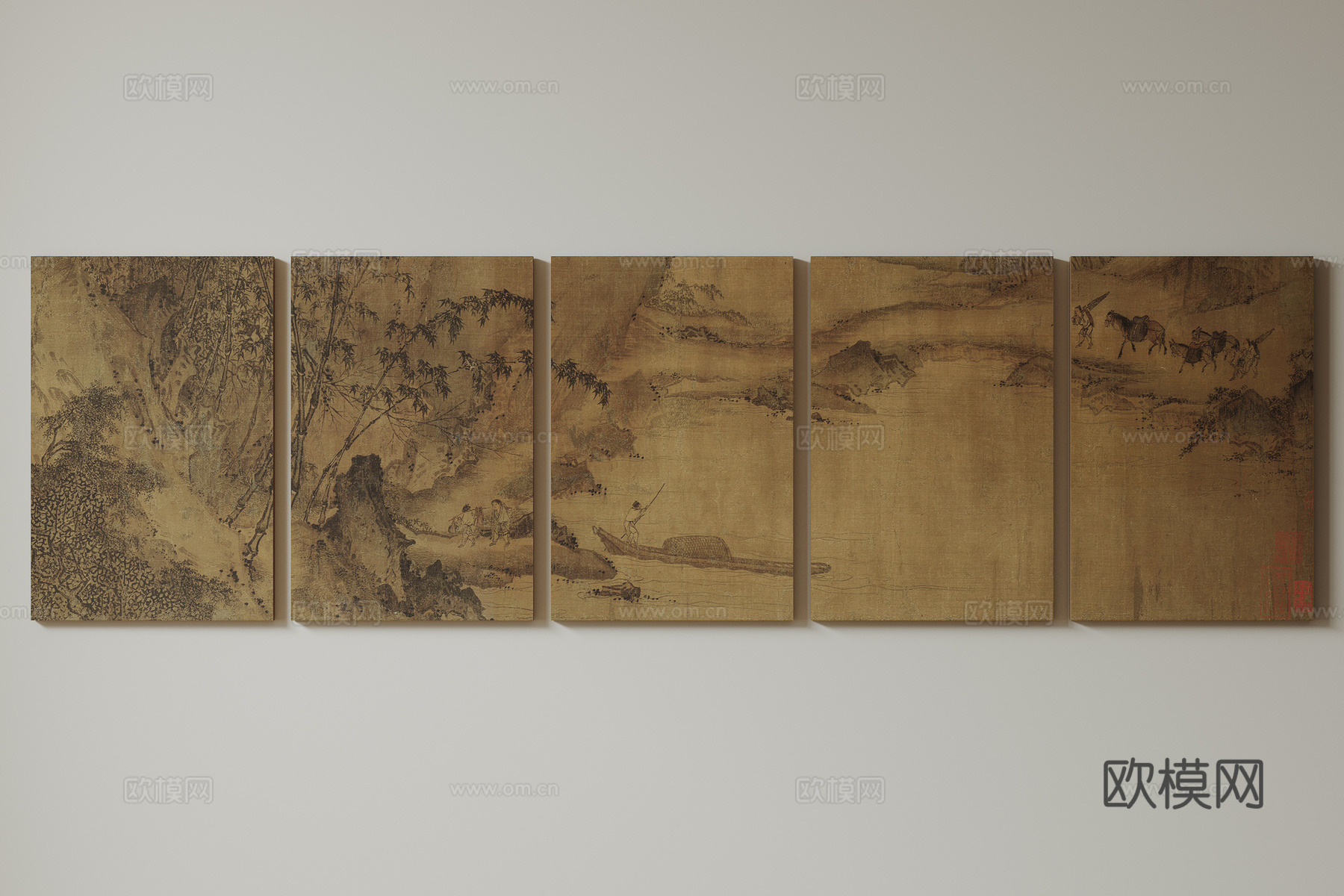 新中式禅意装饰画 宋式挂画 侘寂风挂画 中古风卷轴画 山水字su模型