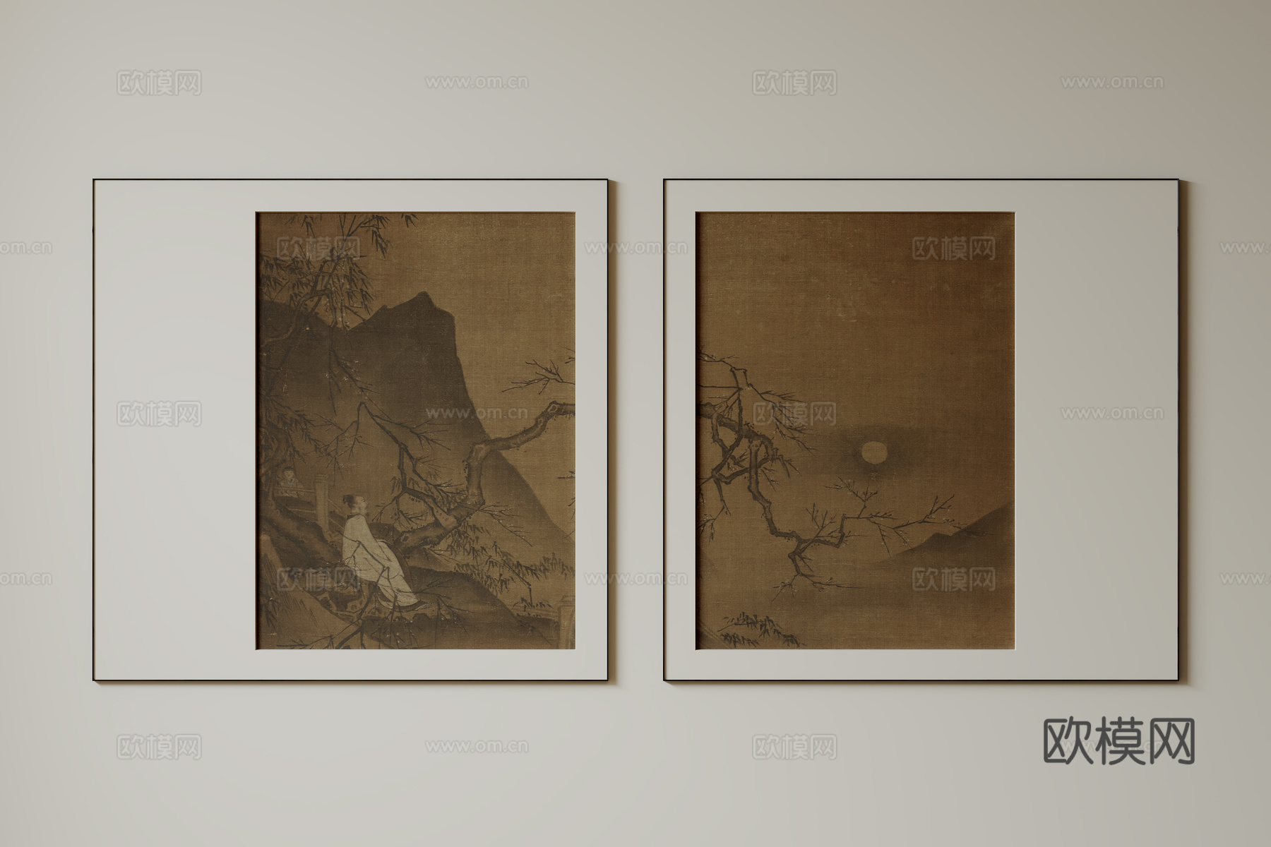 新中式禅意装饰画 宋式挂画 侘寂风挂画 中古风卷轴画 山水字su模型下载（渲染图1）