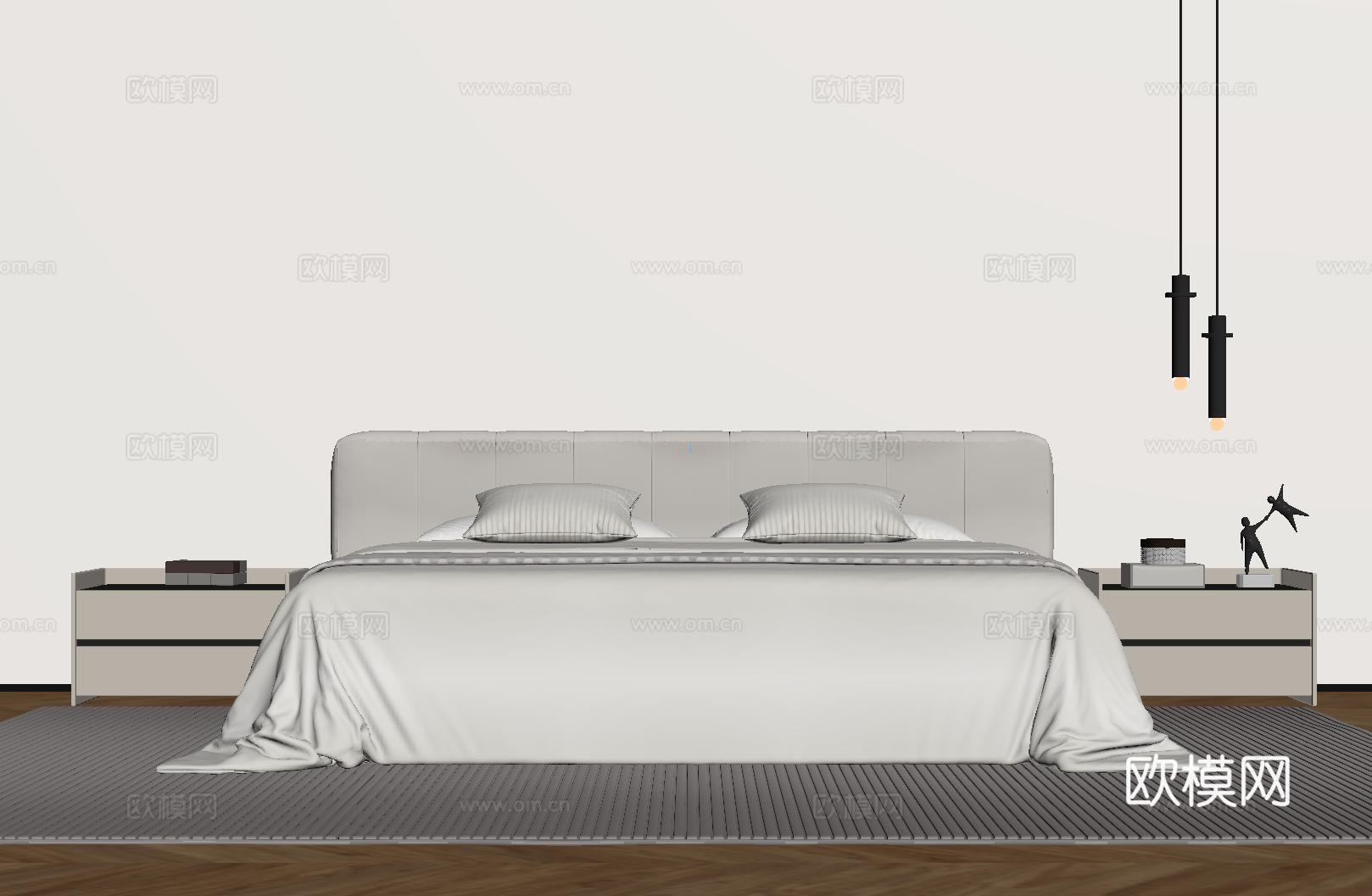 现代意式双人床 皮质床 布艺双人床 中古主卧床 地台床 极简su模型