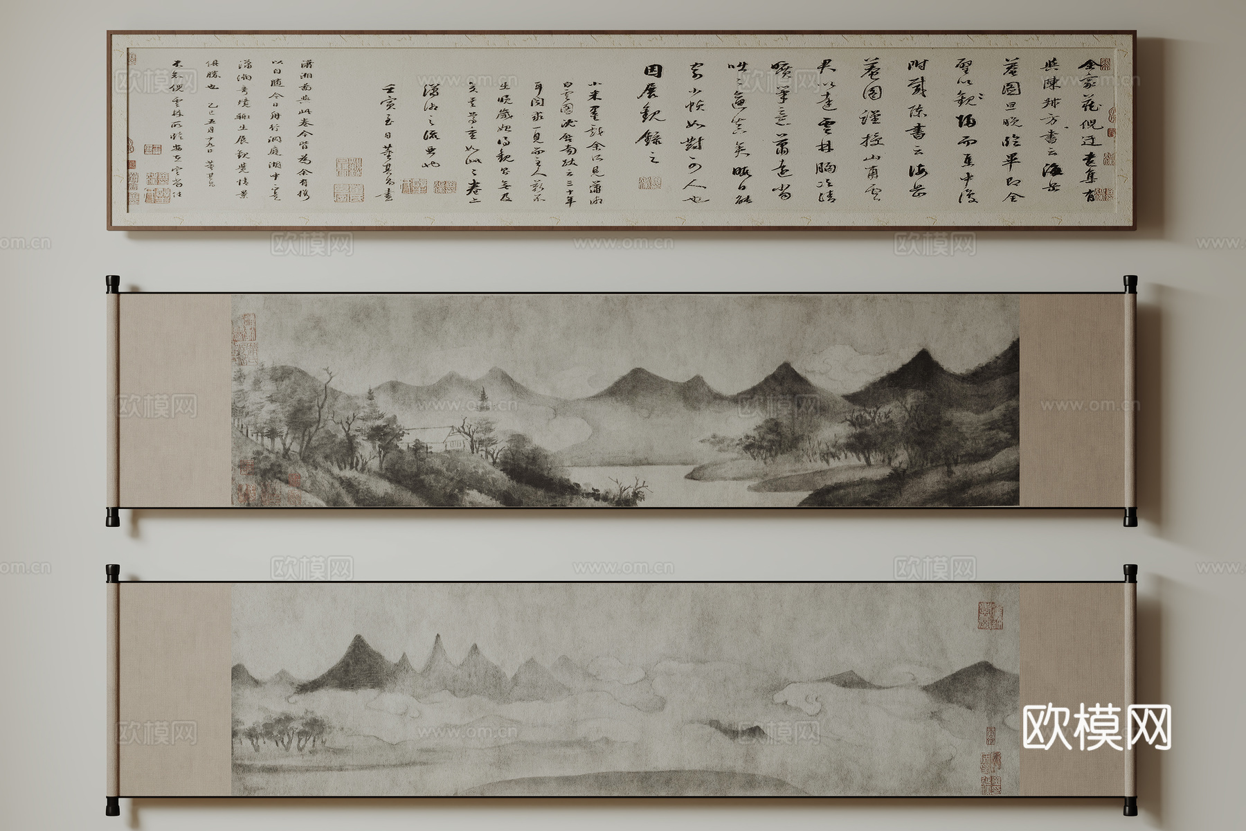 新中式禅意装饰画 宋式挂画 侘寂风挂画 中古风卷轴画 山水字su模型