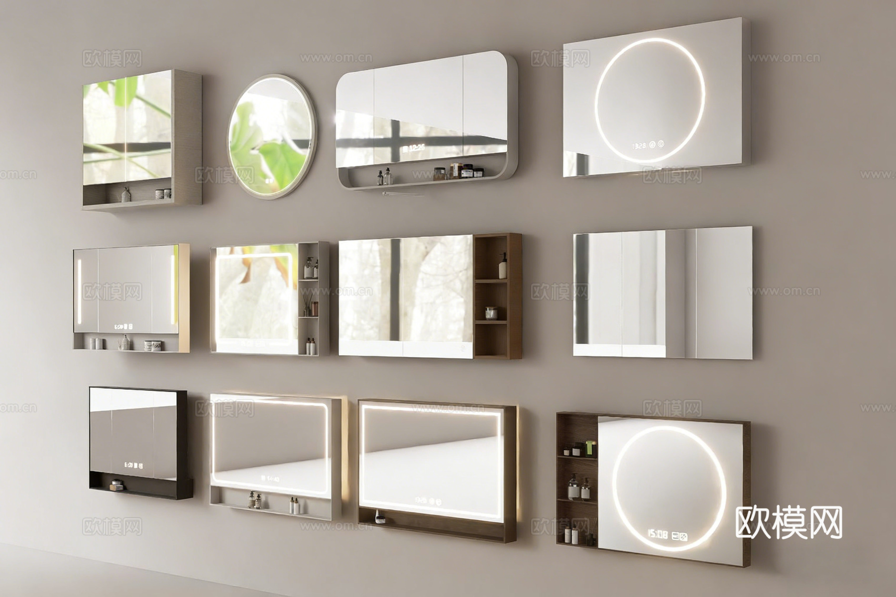 现代简约LED镜柜 发光带置物架 方形圆形镜柜su模型