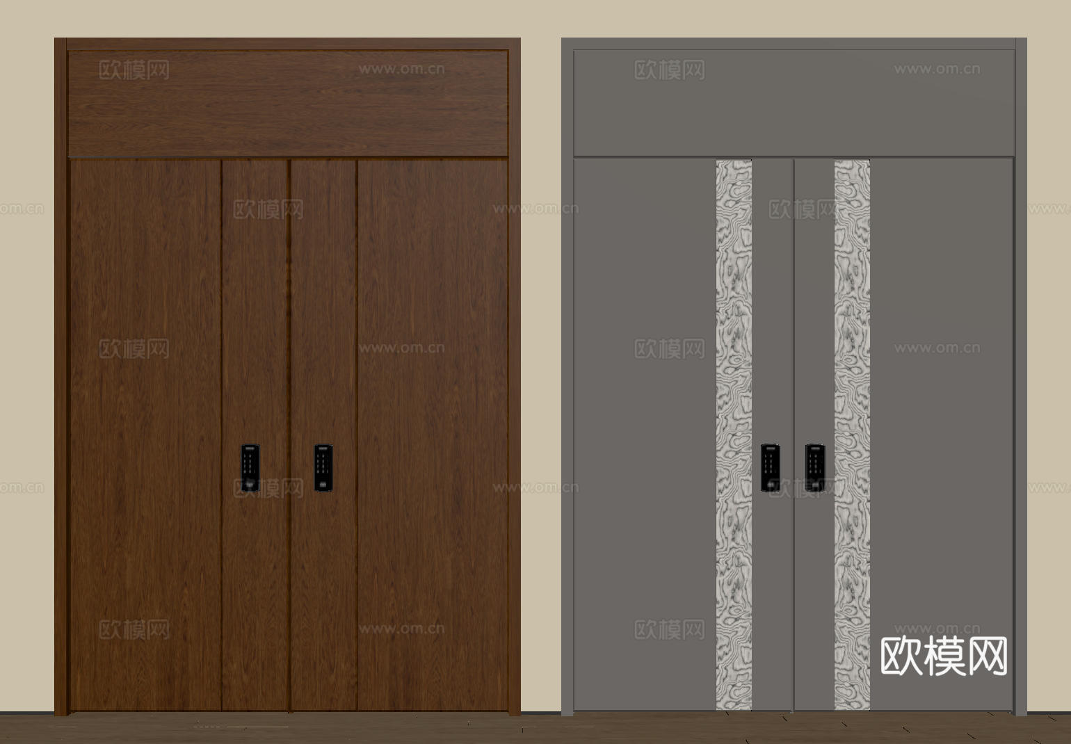 现代极简双开门 中古平开门 入户门 防盗门 通顶对开门 别墅su模型