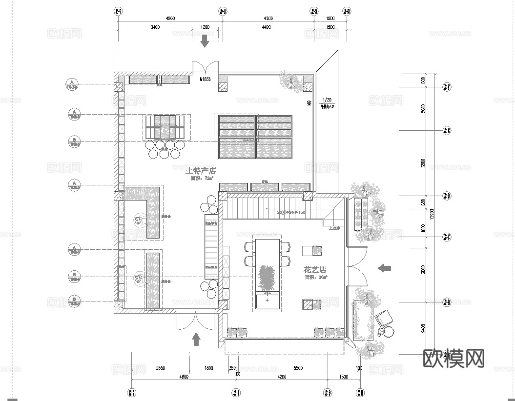 土特产展厅 花艺店 最新全套施工图 效果图合集cad施工图