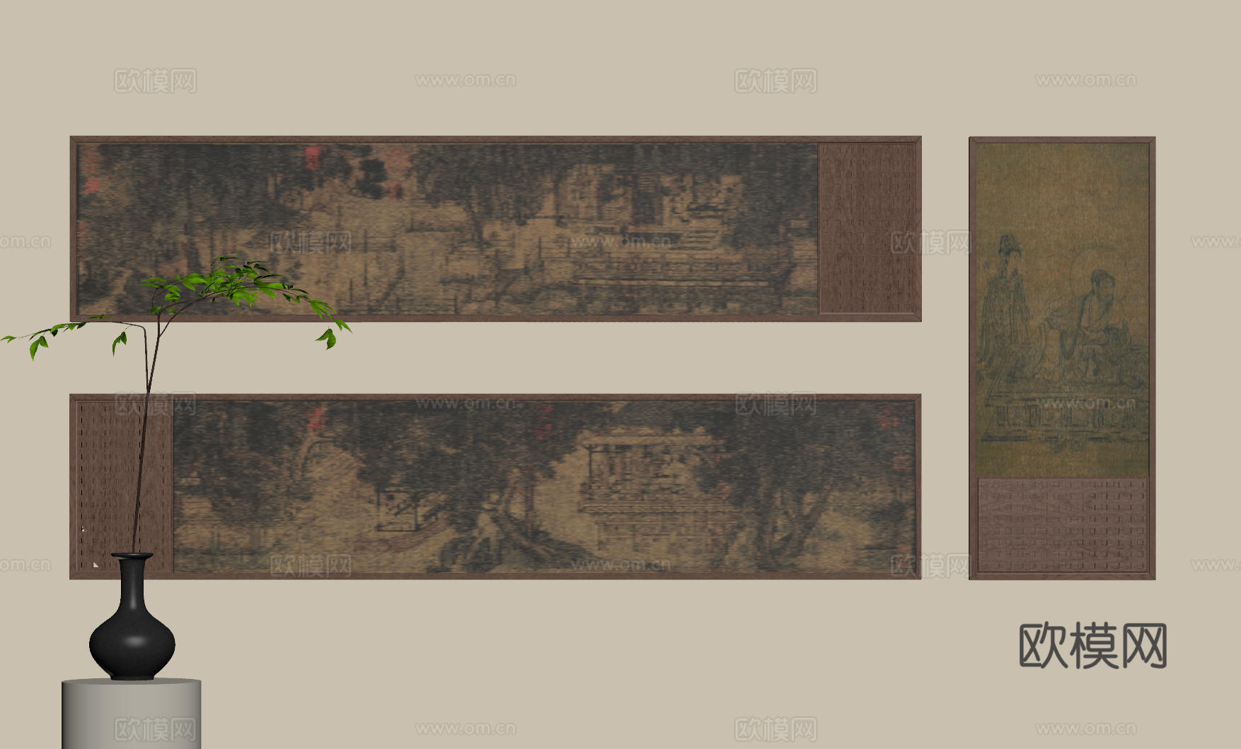 新中式禅意装饰画 宋式挂画 侘寂风挂画 中古风卷轴画 山水字su模型下载（渲染图2）