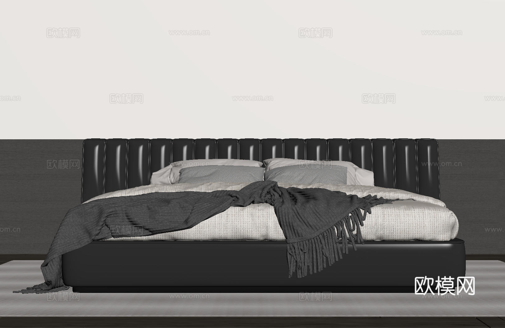现代意式双人床 皮质床 布艺双人床 中古主卧床 地台床 极简su模型