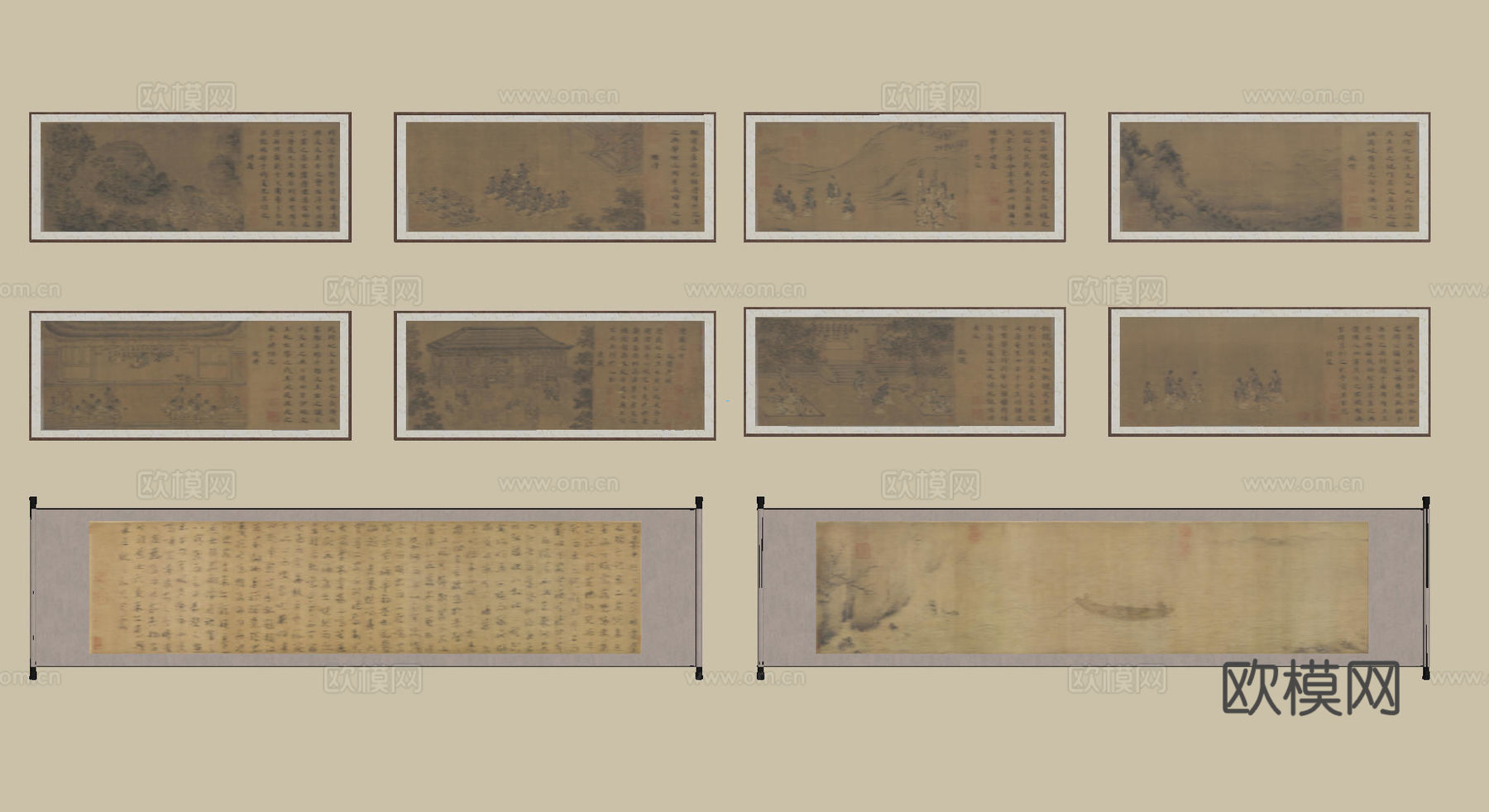 新中式禅意装饰画 宋式挂画 侘寂风挂画 中古风卷轴画 山水字su模型