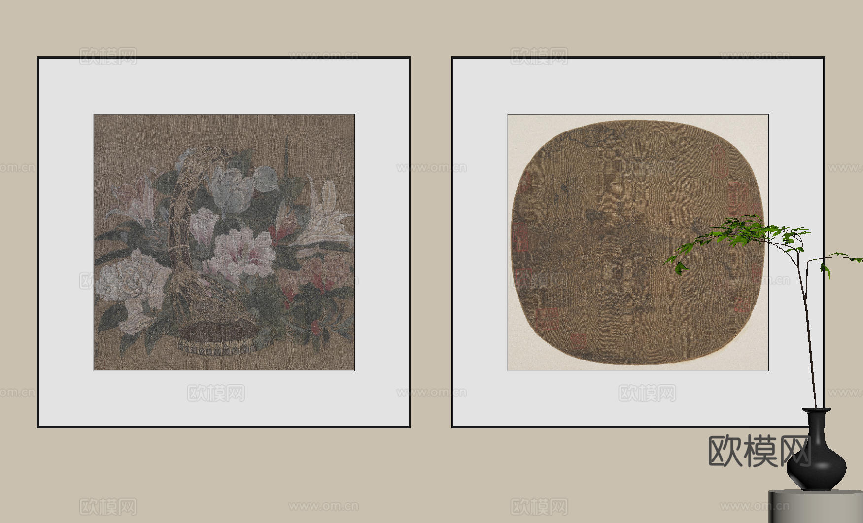 新中式禅意装饰画 宋式挂画 侘寂风挂画 中古风卷轴画 山水字su模型