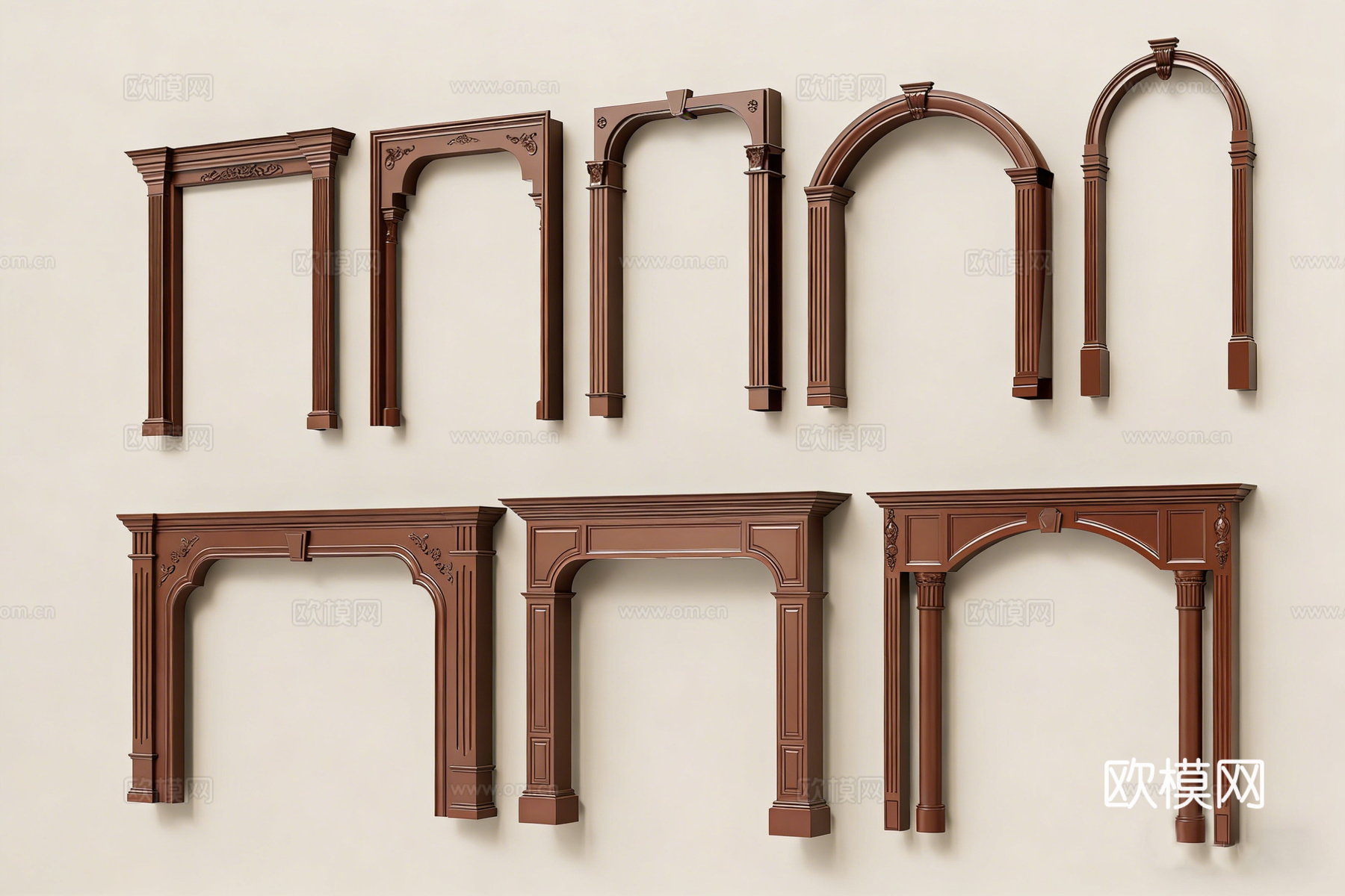 古典欧式实木门套 深棕色雕花门窗套线 别墅酒店背景墙边框su模型