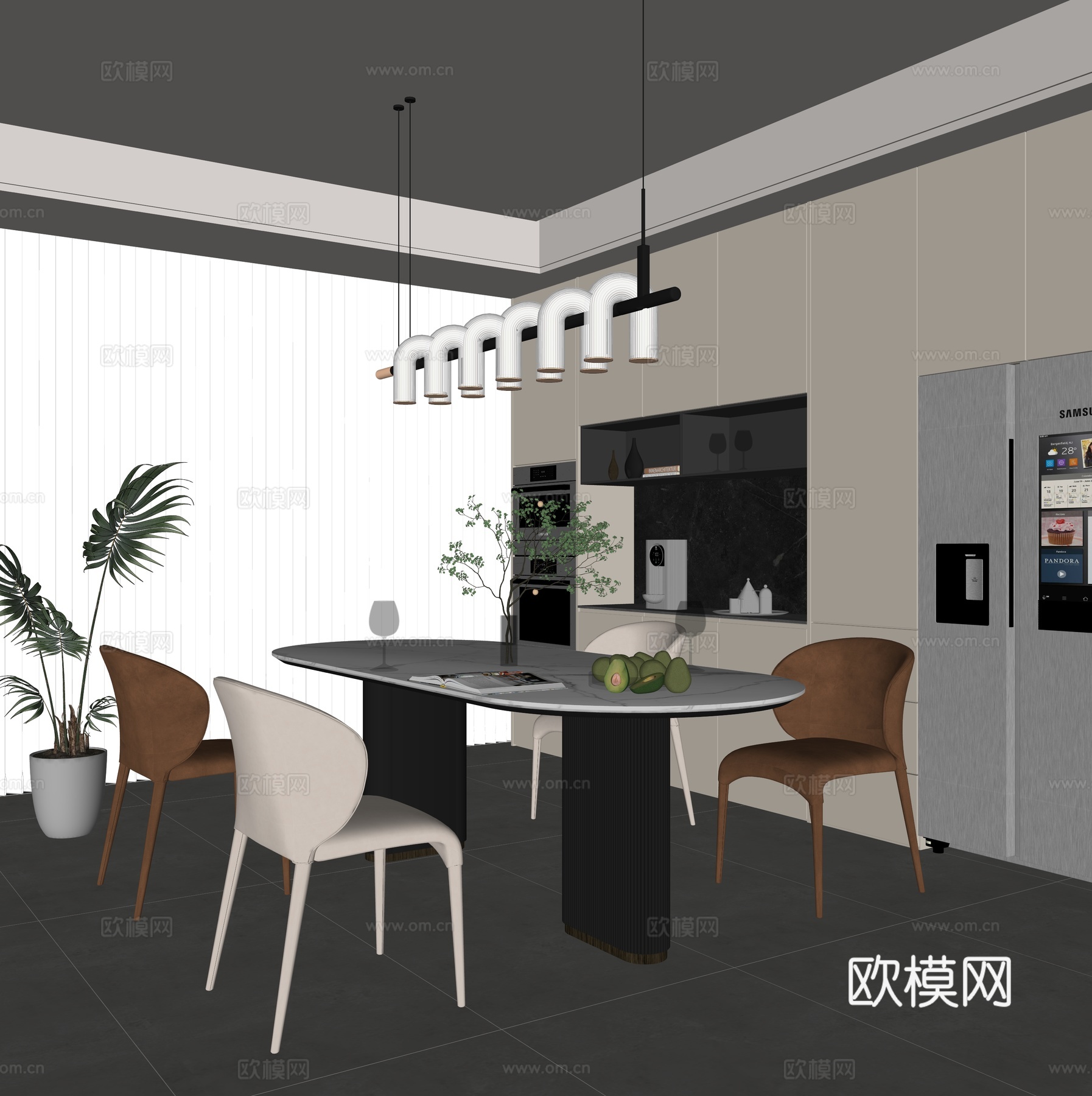 现代餐厅 餐桌椅 酒柜 酒水 摆件 吊灯 墙饰 挂画 水生植su模型