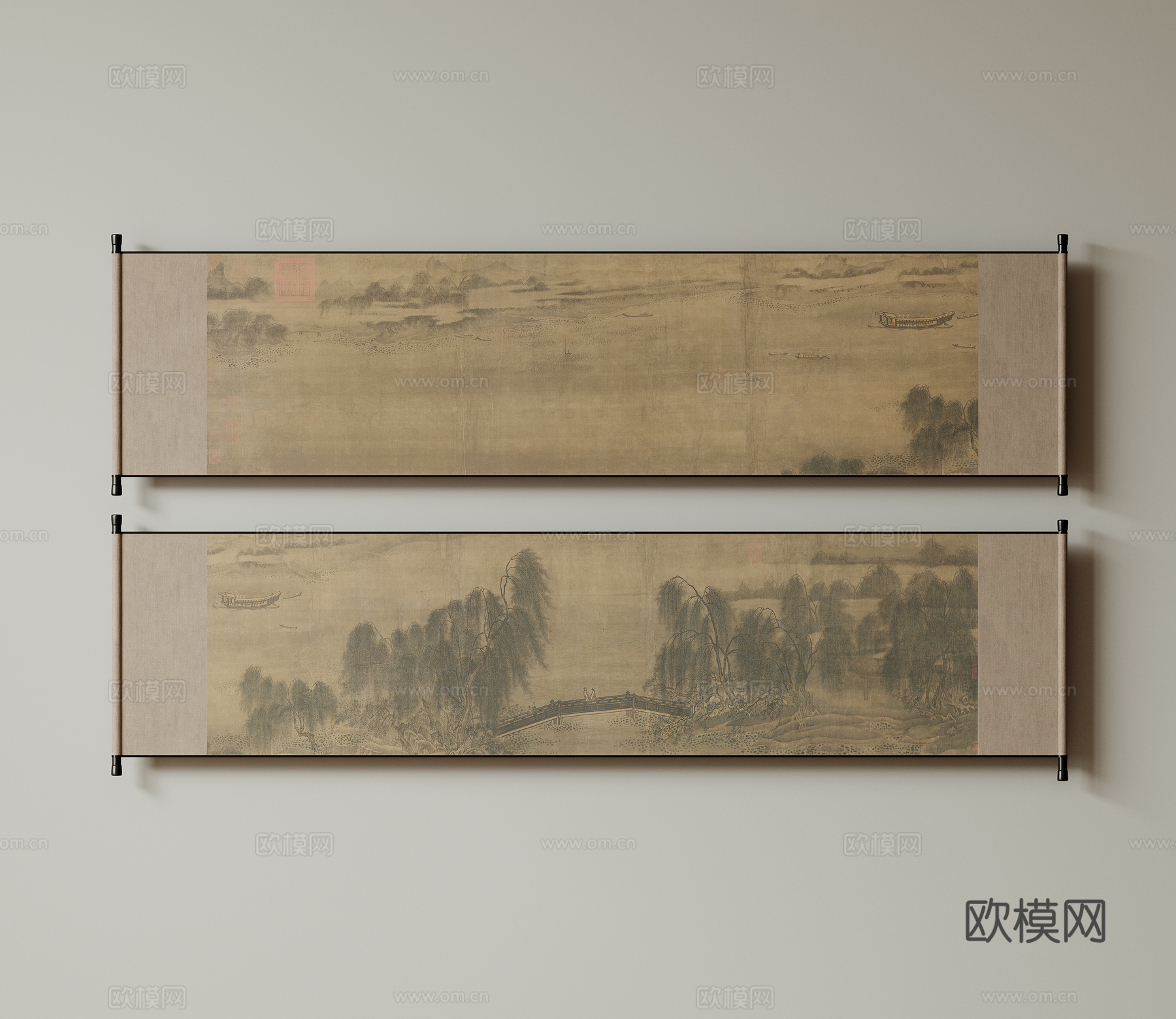 新中式禅意装饰画 宋式挂画 侘寂风挂画 中古风卷轴画 山水字su模型下载（渲染图1）