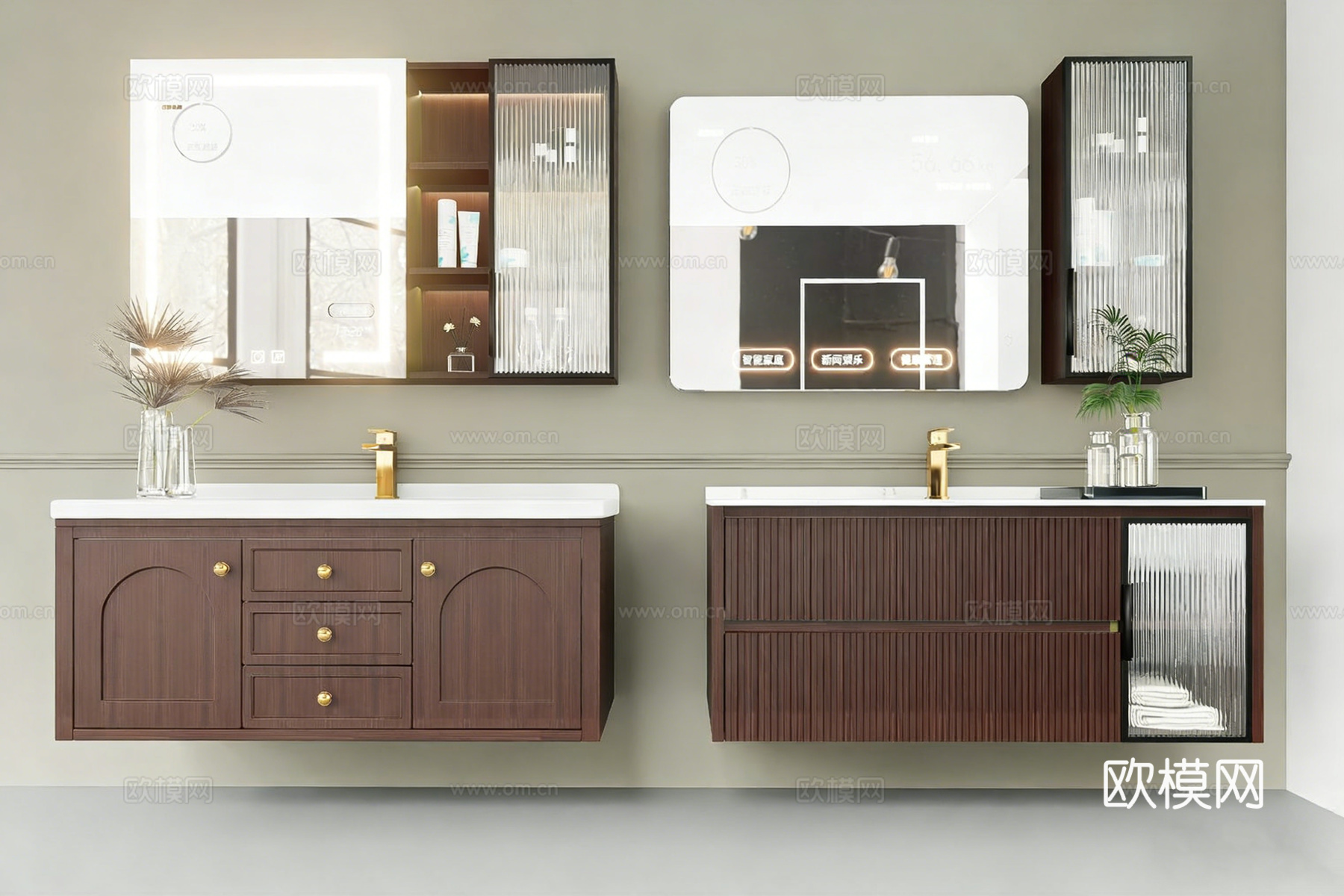 现代简约智能浴室柜 岩板一体盆 LED镜柜su模型