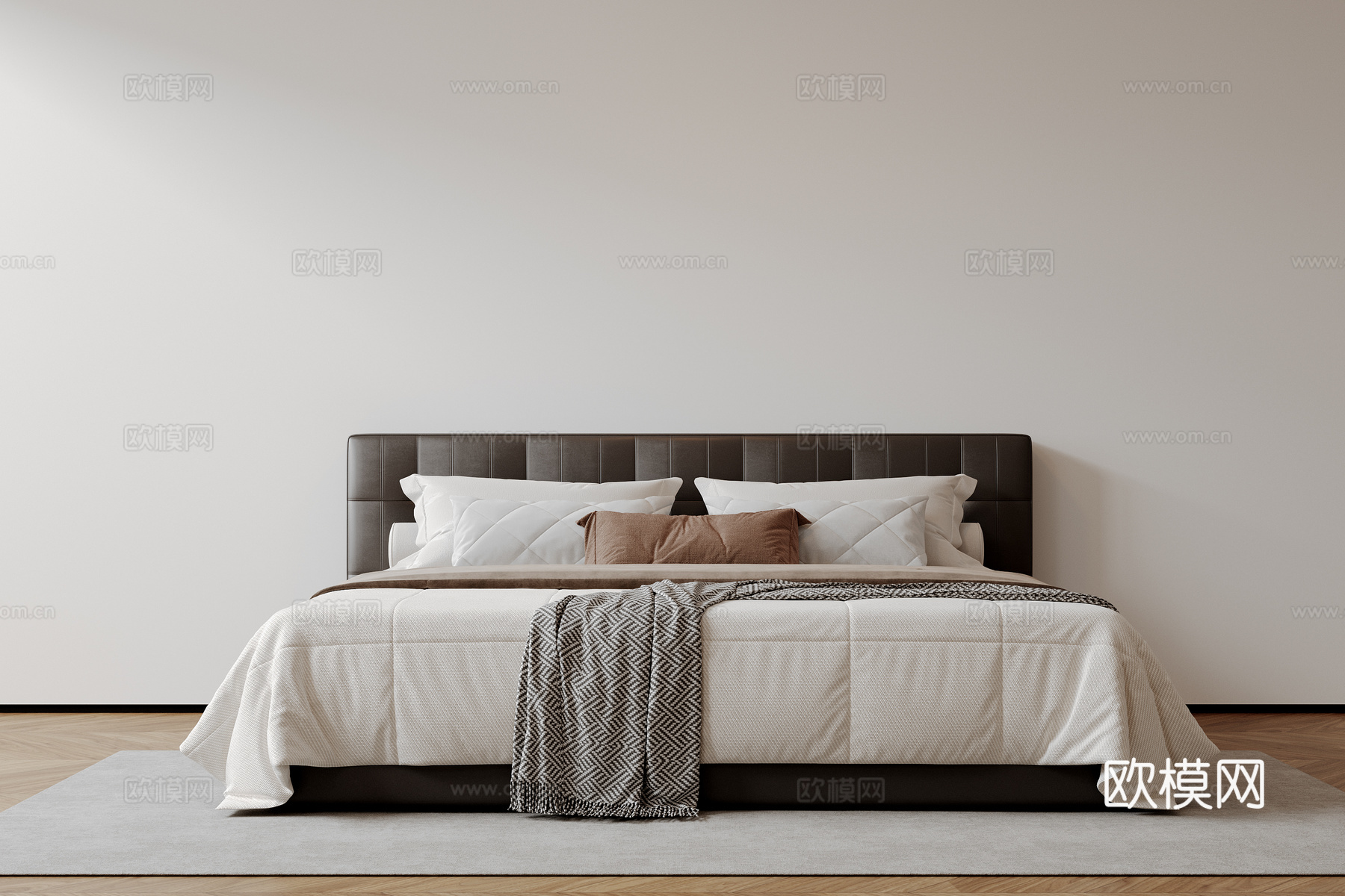 现代意式双人床 皮质床 布艺双人床 中古主卧床 地台床 极简su模型
