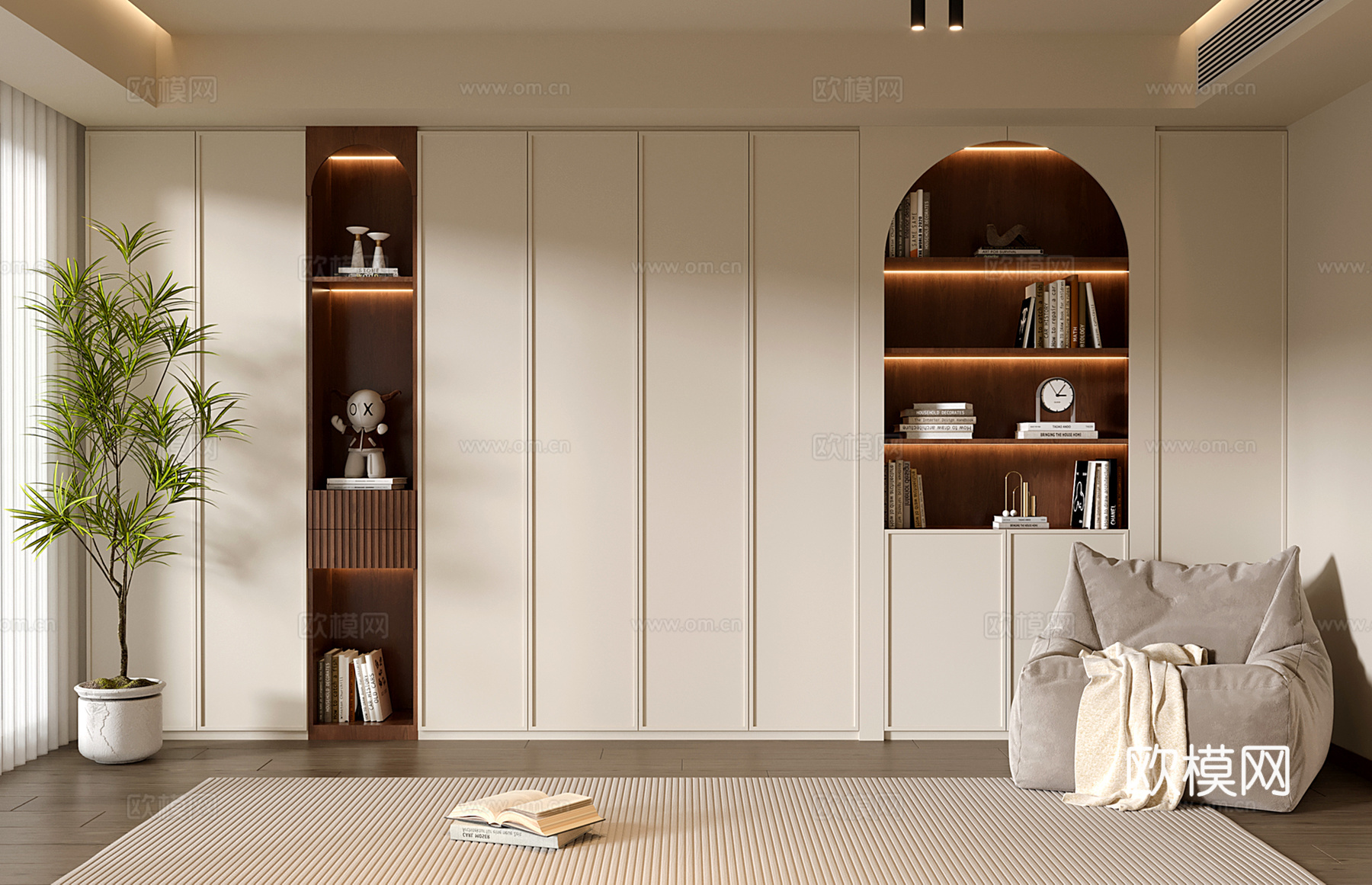 现代中古定制书柜 满墙开放书柜su模型