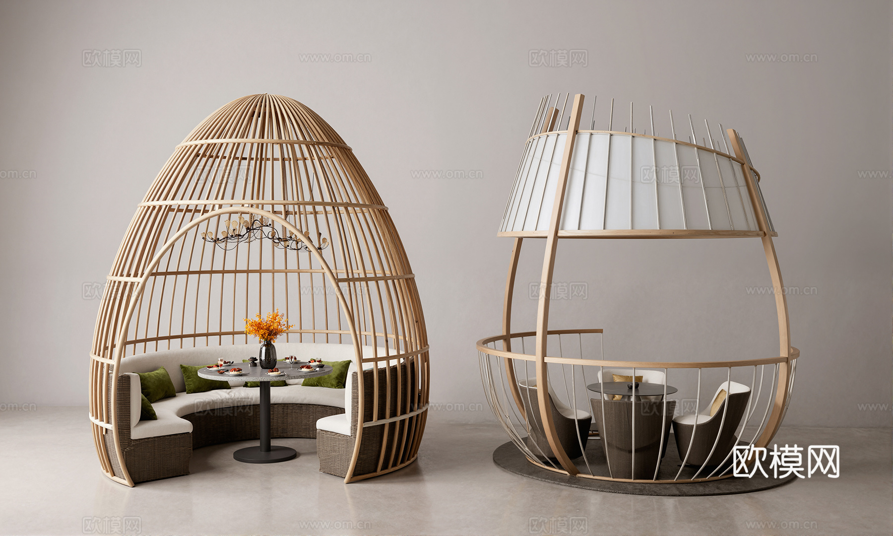 现代圆形卡座组合异形户外沙发鸟笼 花卉 餐具 餐桌椅su模型
