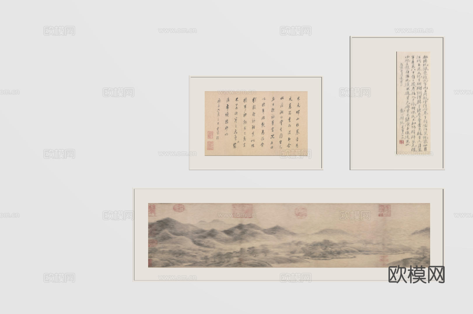 新中式禅意装饰画 宋式挂画 侘寂风挂画 中古风卷轴画 山水字su模型下载（渲染图2）