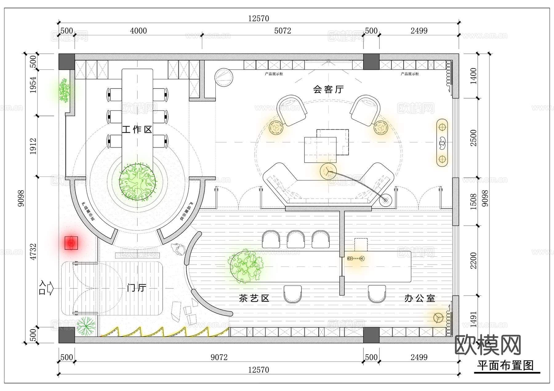 工作室平面图  120M²办公室 禅意空间cad施工图