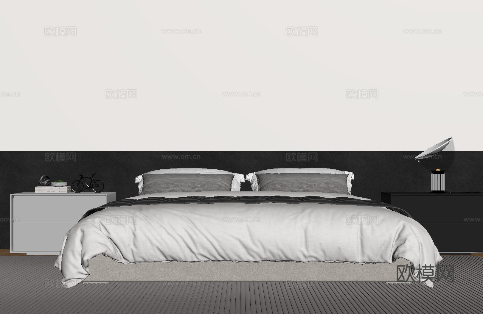 现代意式双人床 皮质床 布艺双人床 中古主卧床 地台床 极简su模型