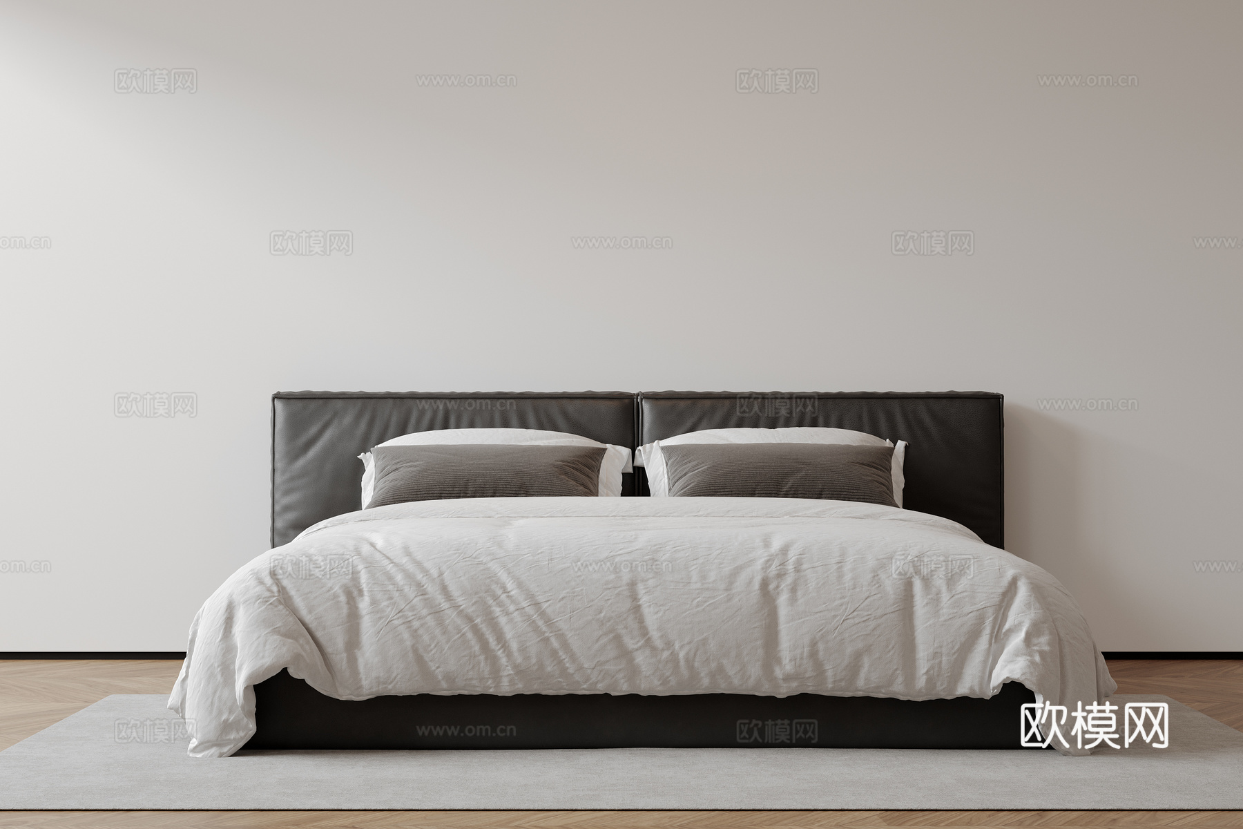 现代意式双人床 皮质床 布艺双人床 中古主卧床 地台床 极简su模型