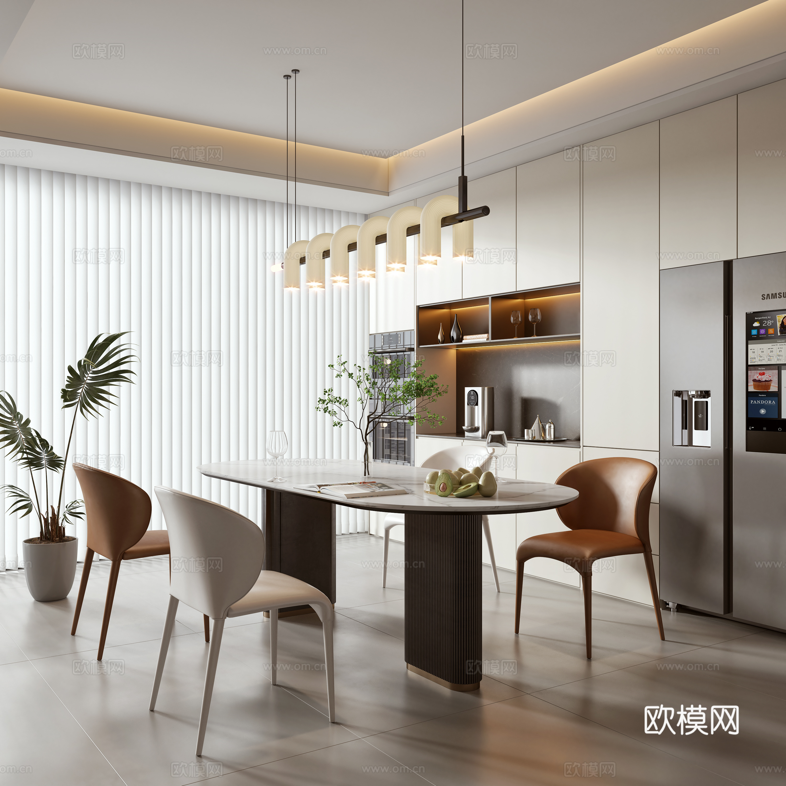 现代餐厅 餐桌椅 酒柜 酒水 摆件 吊灯 墙饰 挂画 水生植su模型