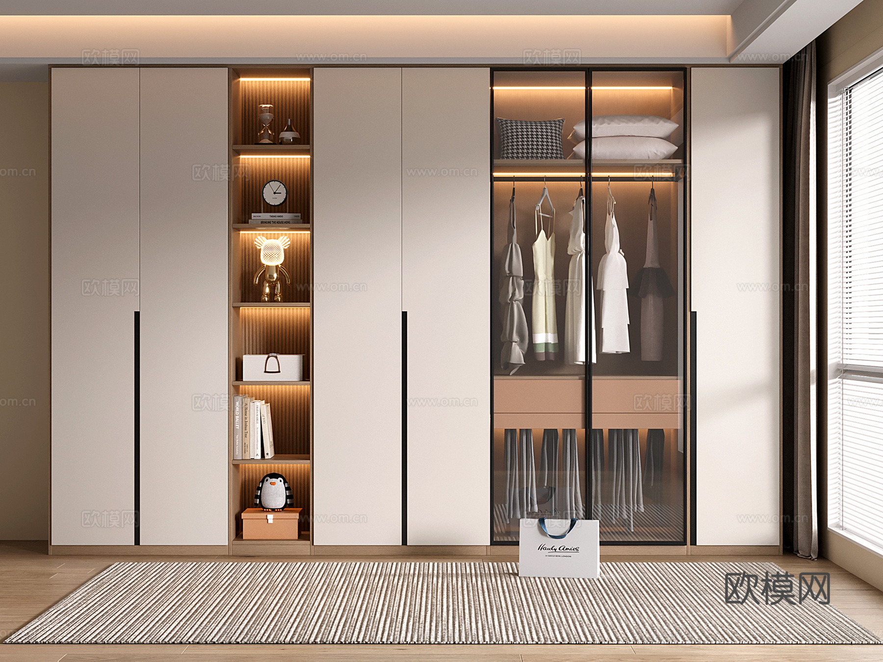 现代衣柜 定制通顶衣柜 玻璃门衣柜 开放格衣柜su模型