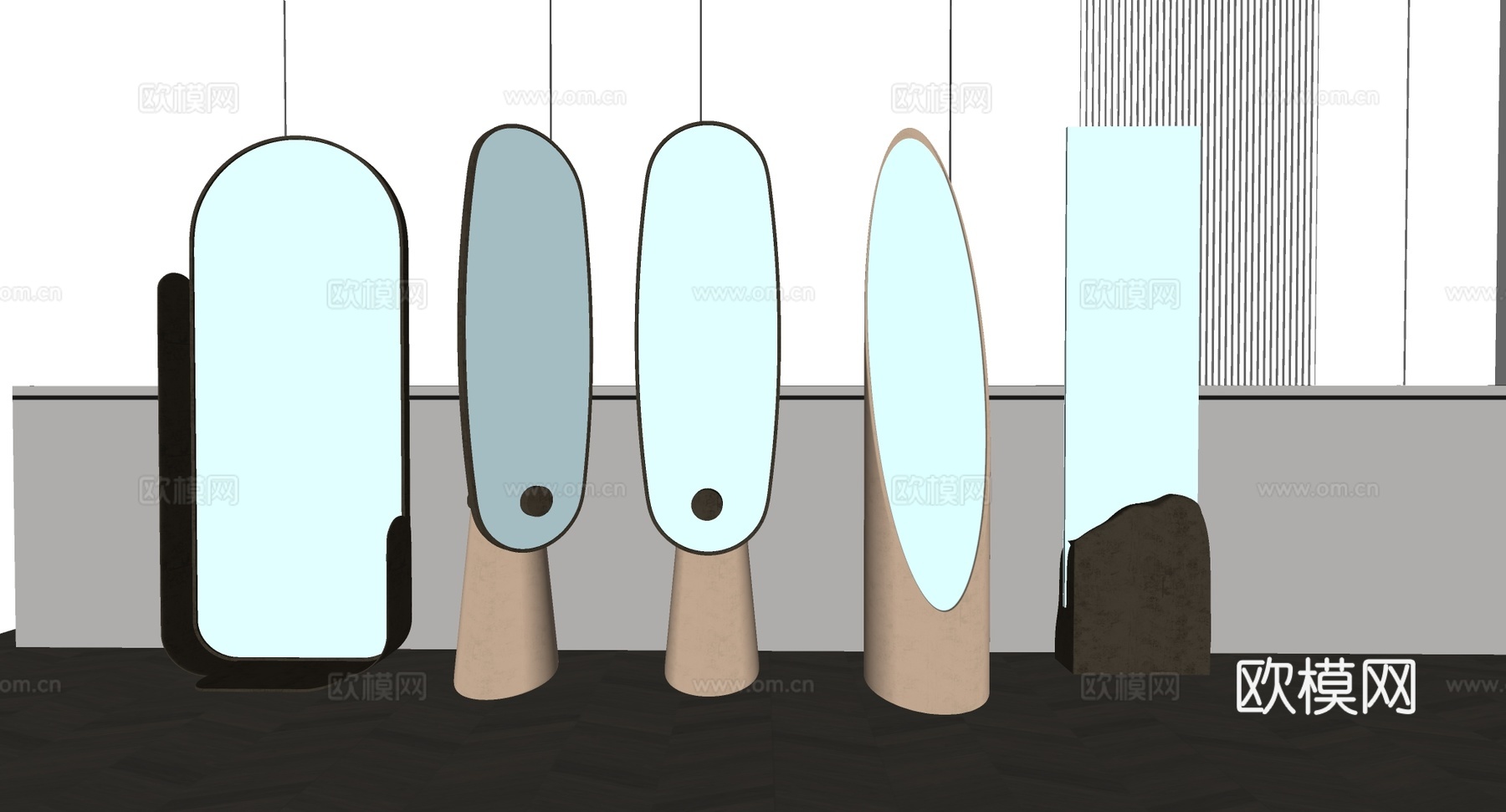 现代轻奢落地镜 金色边框 不规则艺术镜 装饰镜su模型