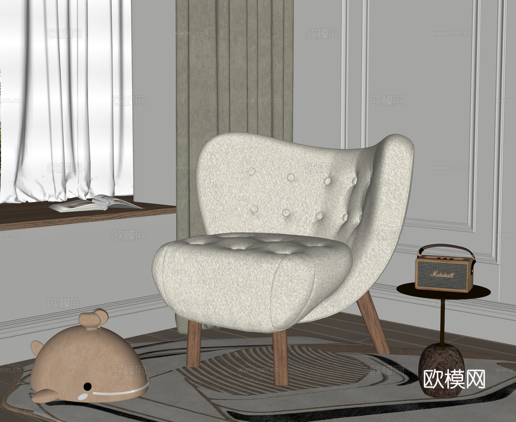 中古风 复古 休闲椅 沙发椅 小佩休闲椅 单人沙发 毛绒休闲su模型