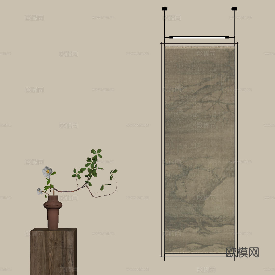 新中式禅意装饰画 宋式挂画 侘寂风挂画 中古风卷轴画 山水字su模型