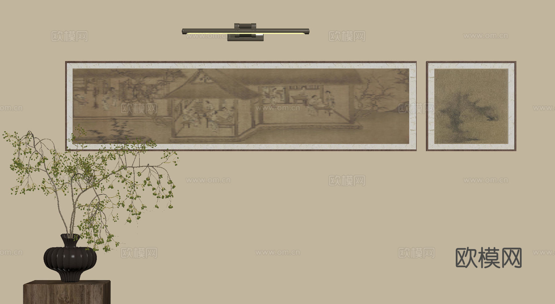 新中式禅意装饰画 宋式挂画 侘寂风挂画 中古风卷轴画 山水字su模型