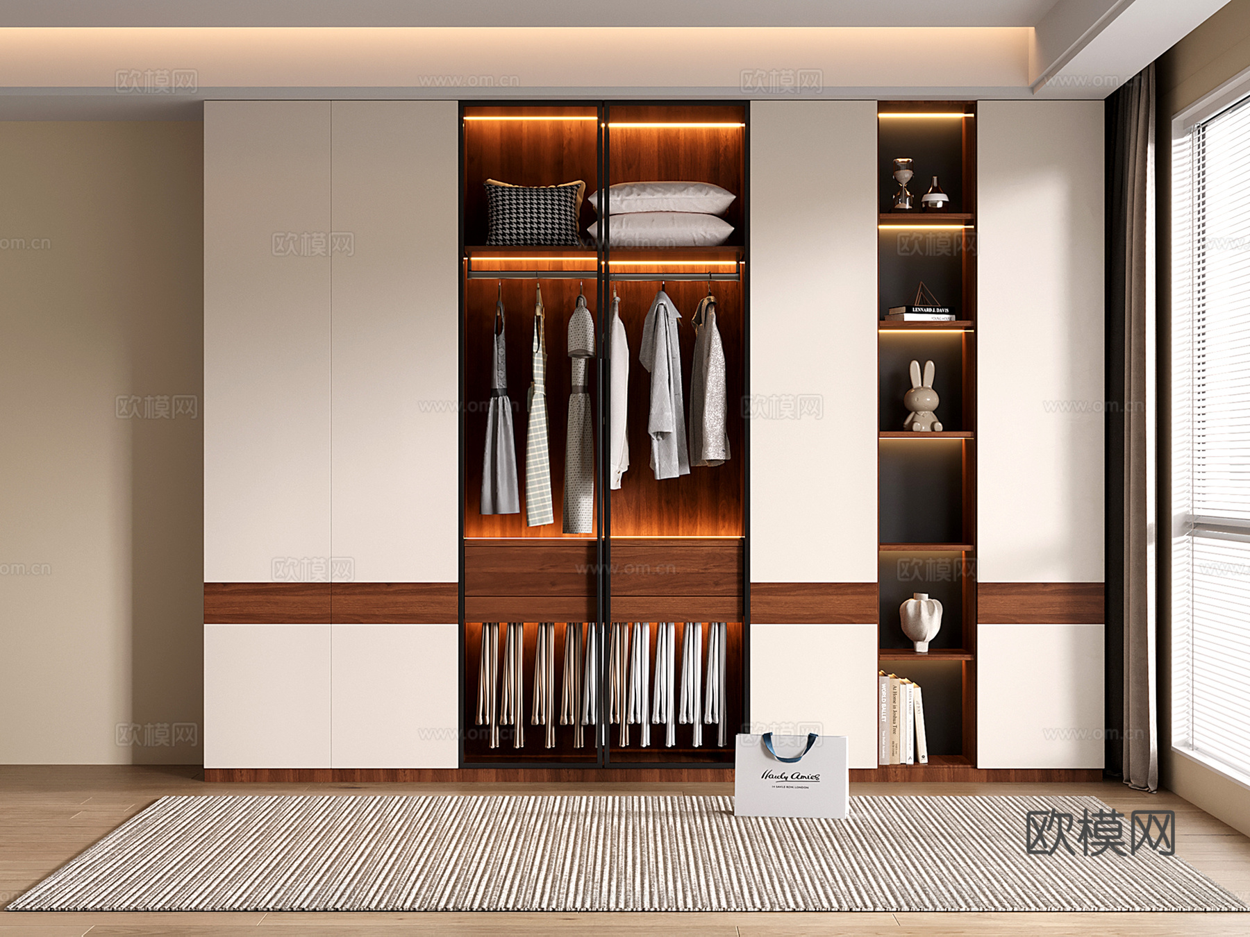 现代中古衣柜 定制通顶衣柜 玻璃门衣柜su模型