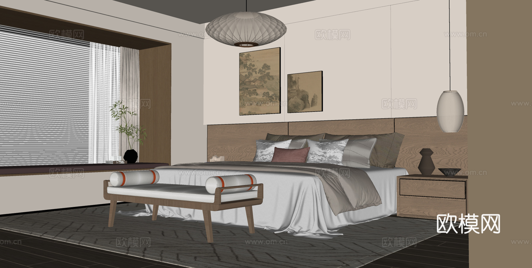 宋式卧室 宋式家居卧室 宋式双人床 床尾塌 卧室饰品摆件su模型下载（渲染图2）