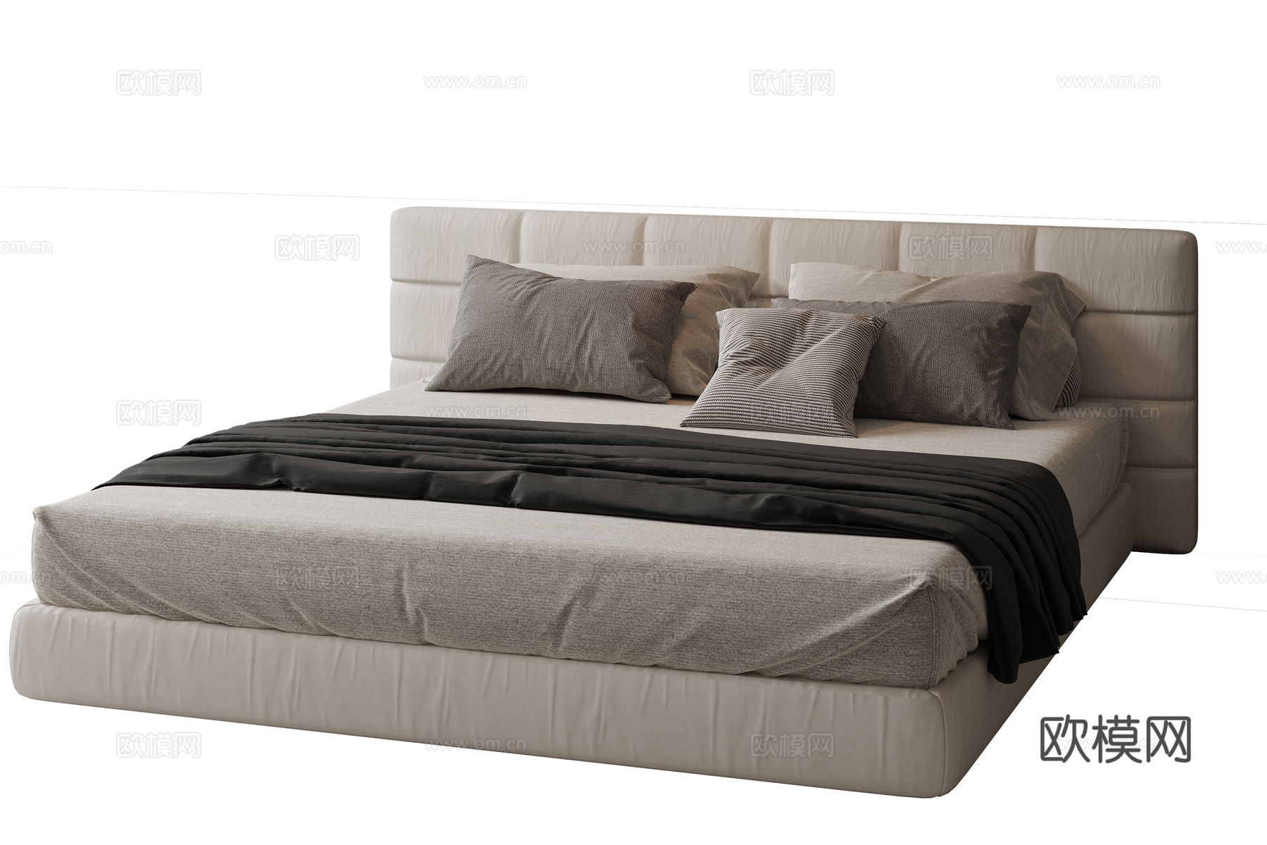 现代意式双人床 皮质床 布艺双人床 中古主卧床 地台床 极简su模型