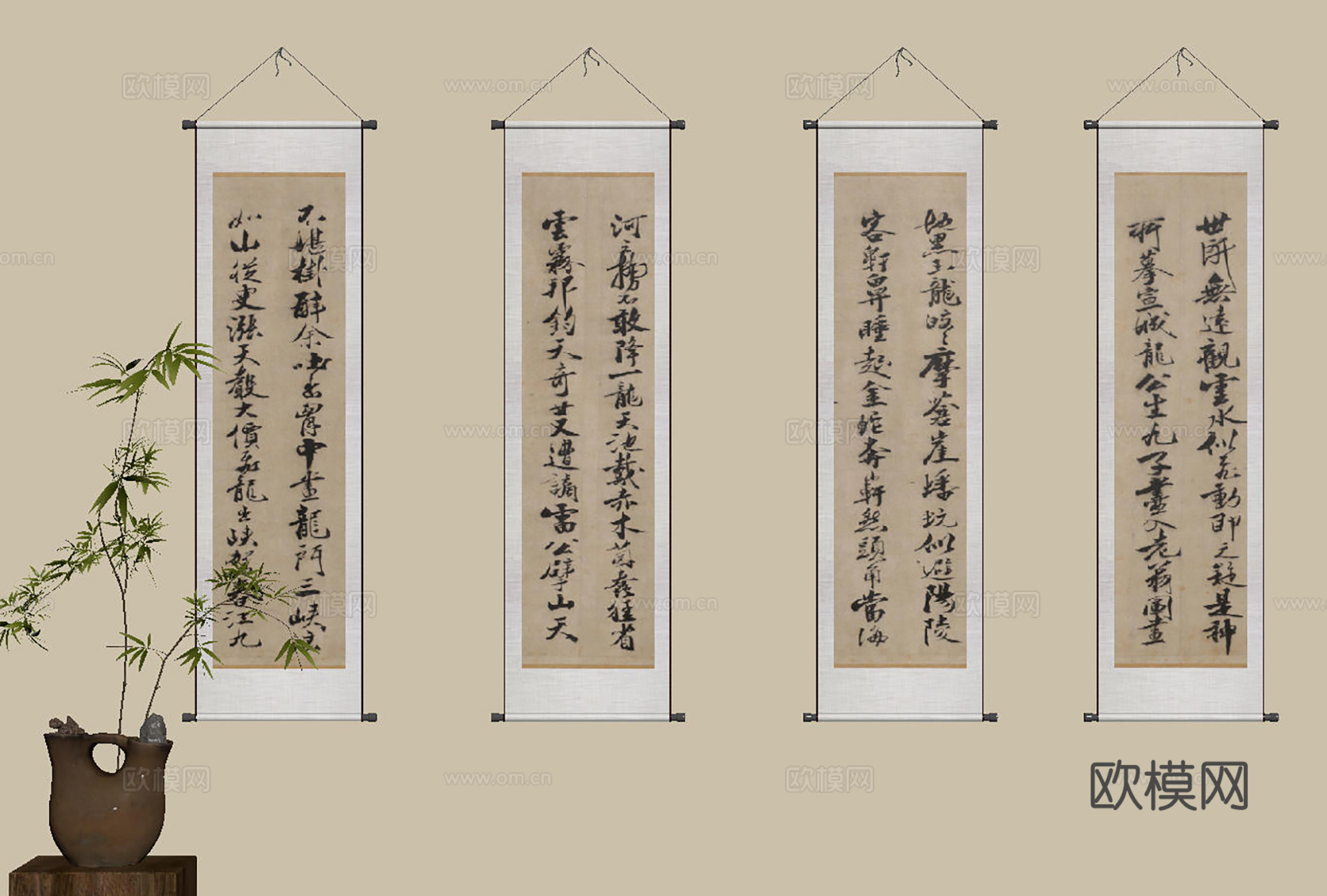 新中式禅意装饰画 宋式挂画 侘寂风挂画 中古风卷轴画 山水字su模型