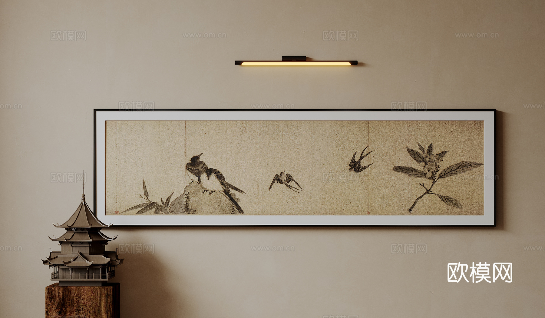 新中式禅意装饰画 宋式挂画 侘寂风挂画 中古风卷轴画 山水字su模型