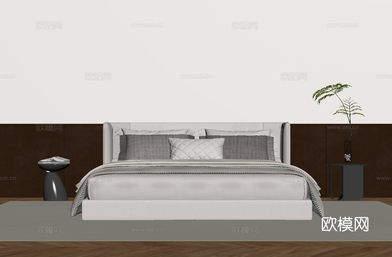 现代意式双人床 皮质床 布艺双人床 中古主卧床 地台床 极简su模型