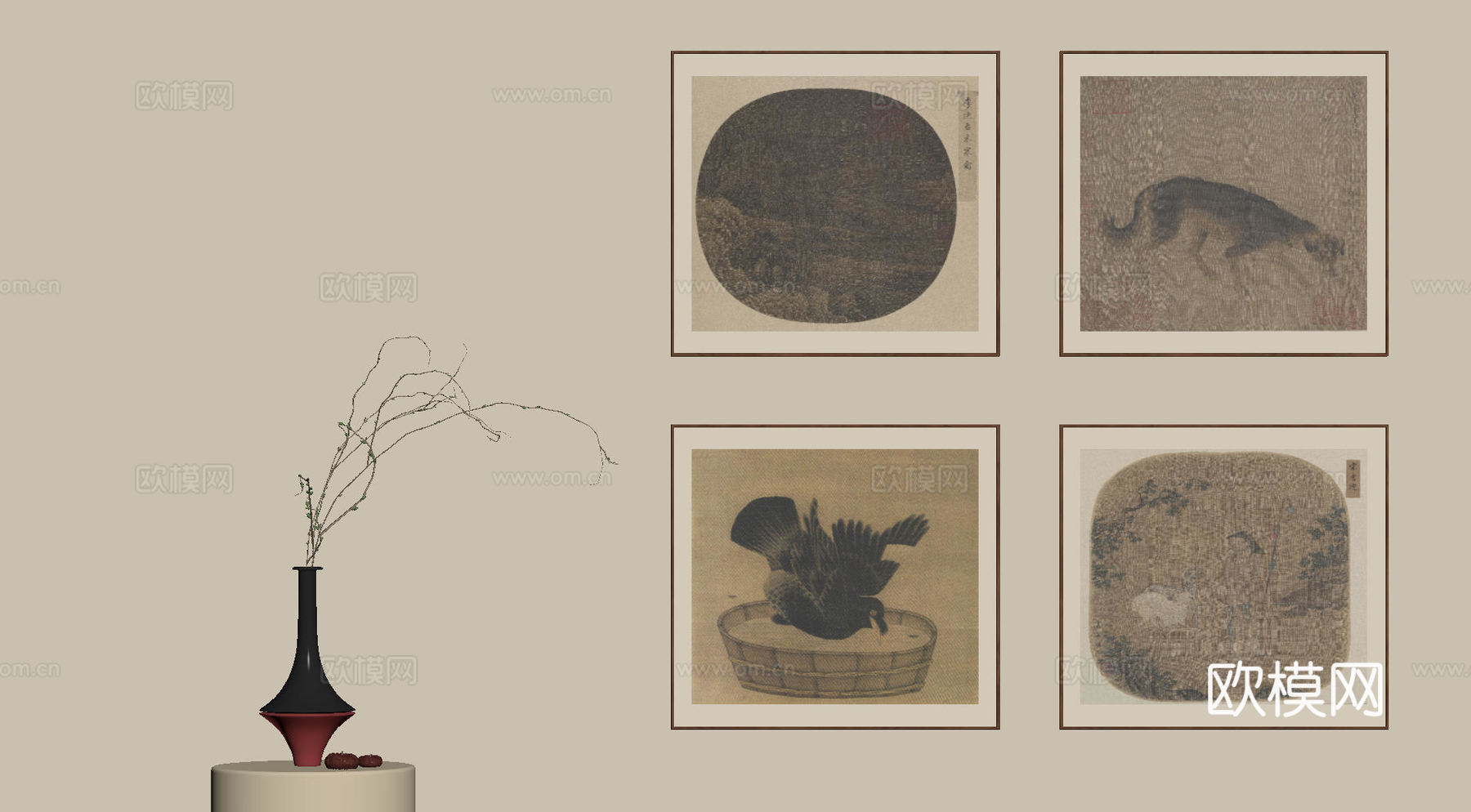 新中式禅意装饰画 宋式挂画 侘寂风挂画 中古风卷轴画 山水字su模型