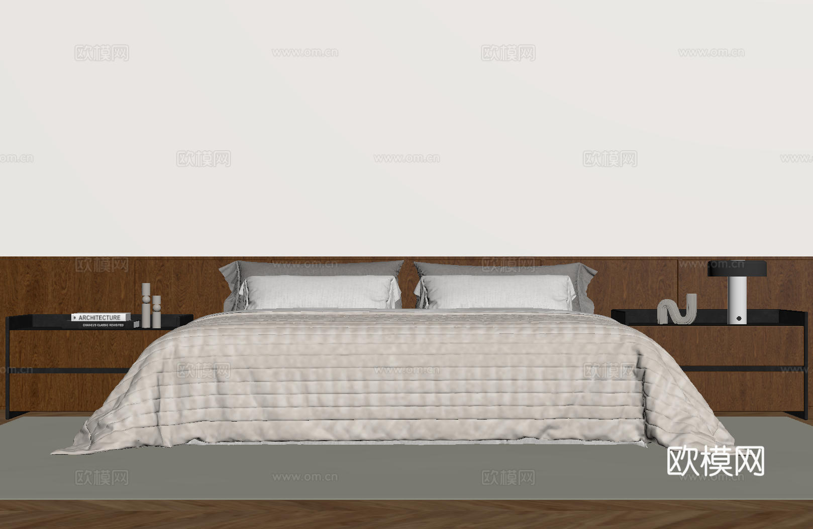 现代意式双人床 皮质床 布艺双人床 中古主卧床 地台床 极简su模型