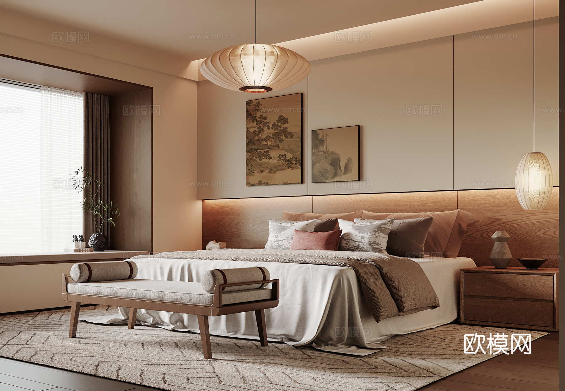 宋式卧室 宋式家居卧室 宋式双人床 床尾塌 卧室饰品摆件su模型下载（渲染图1）