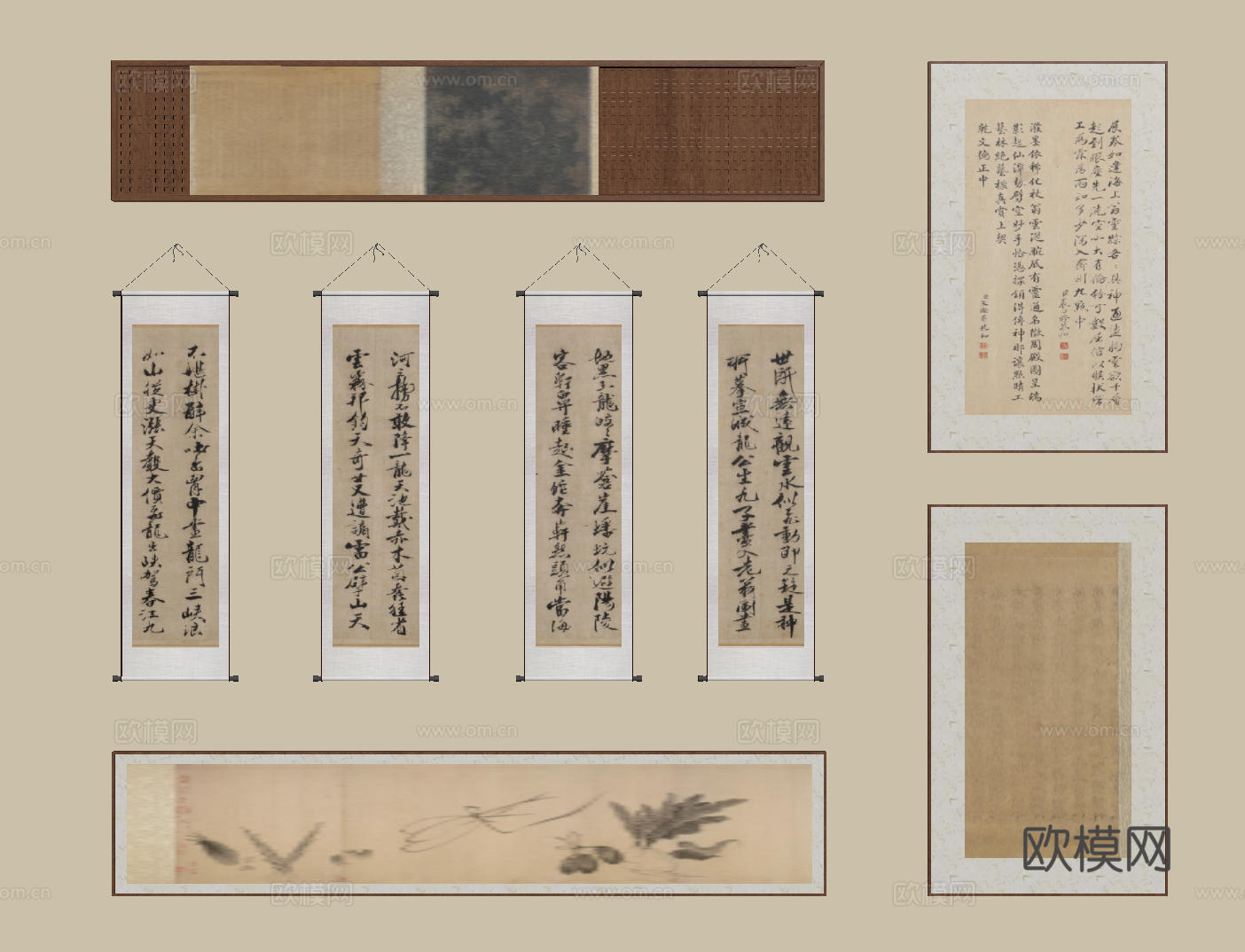 新中式禅意装饰画 宋式挂画 侘寂风挂画 中古风卷轴画 山水字su模型